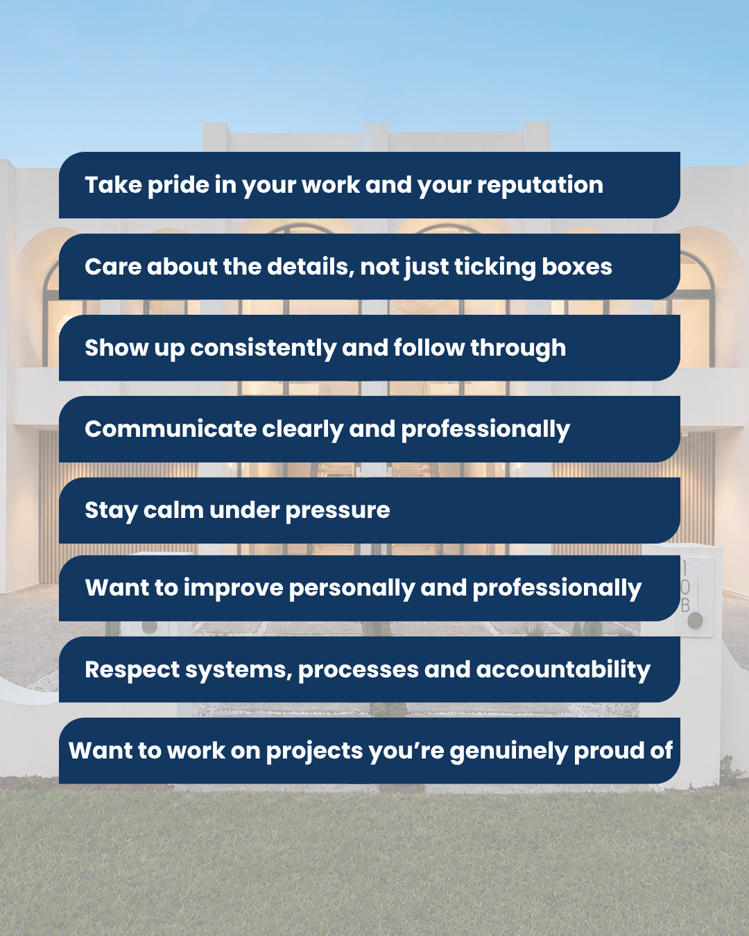 Characteristics of successful Caton Constructions team members, including professionalism, accountability, communication, continuous improvement and pride in workmanship.