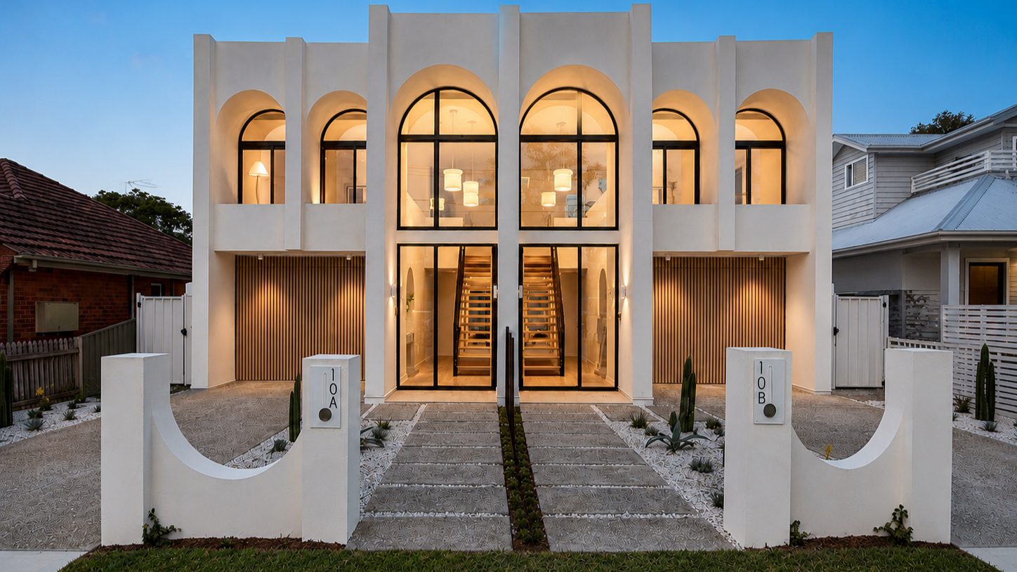 Modern white two-story house with large glass windows and arched openings, illuminated from within, featuring stairs visible through the front door, surrounded by a gravel pathway and small desert plants, with neighboring houses on either side and a blue evening sky in the background.
