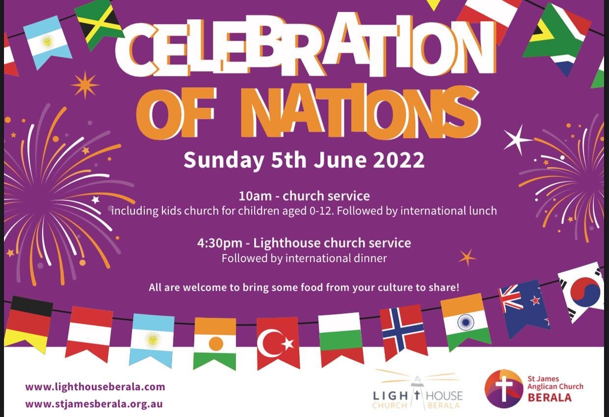 🥖 🍳 🍖 🍔 🥪 🥙 🥘 🥗 🍲 🍝 🍜 🍱 🥮 🥛
This week is a special week where we celebrate different cultures in the best way possible: food! 
Come along to our church service at 10am or 4:30pm this Sunday (5th June) and stay for a meal afterward!

Pss