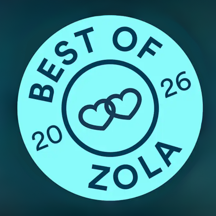 A circular badge with a blue background and dark blue text that says "Best of ZOLA 2020-26" and features a heart and infinity symbol in the center.