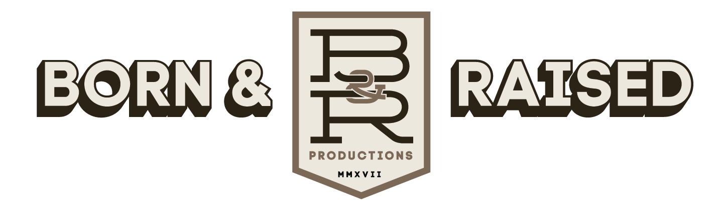 Logo with the words 'Born & Raised Productions' and a stylized shield in the center with the initials 'BR' and 'PR' intertwined, and Roman numerals 'MMXVII' at the bottom.