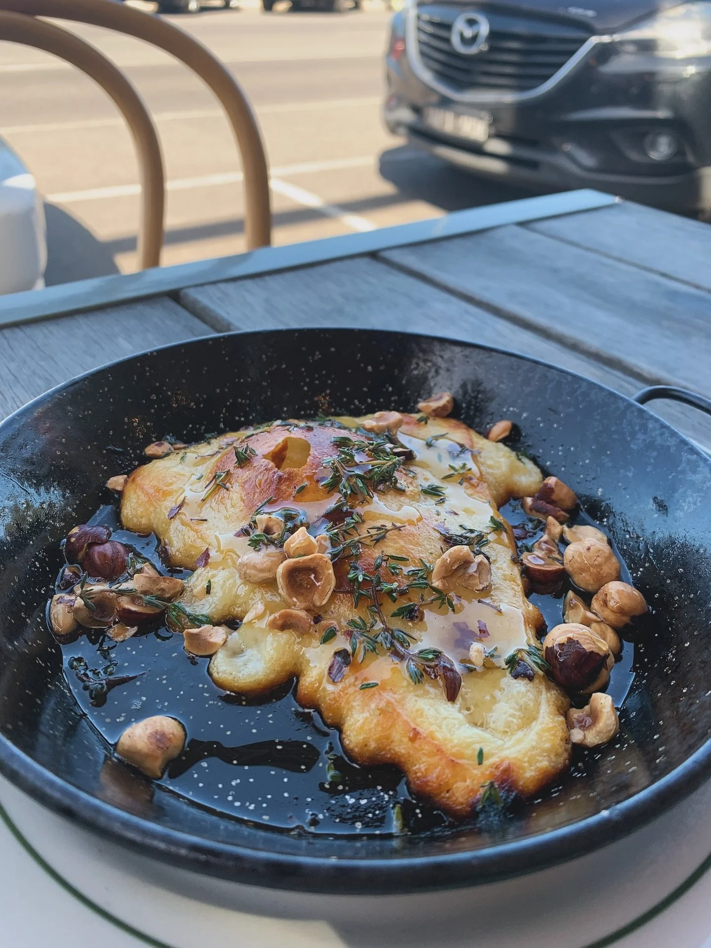 Oven baked Kefalograviera, hazelnuts, local honey &amp; thyme