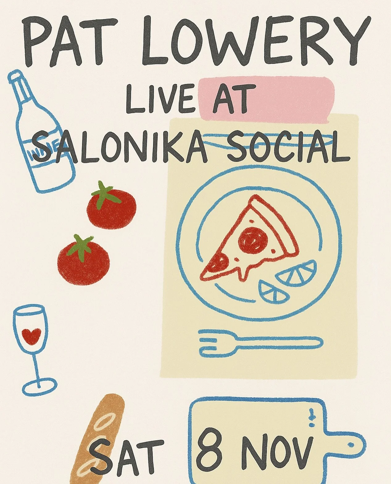 Small change of plan for tonight.
@patlowz_m9 is playing live from 5:30pm-8:30pm.
Get down to enjoy some sweet tunes and delicious pizza 🍕 🎶