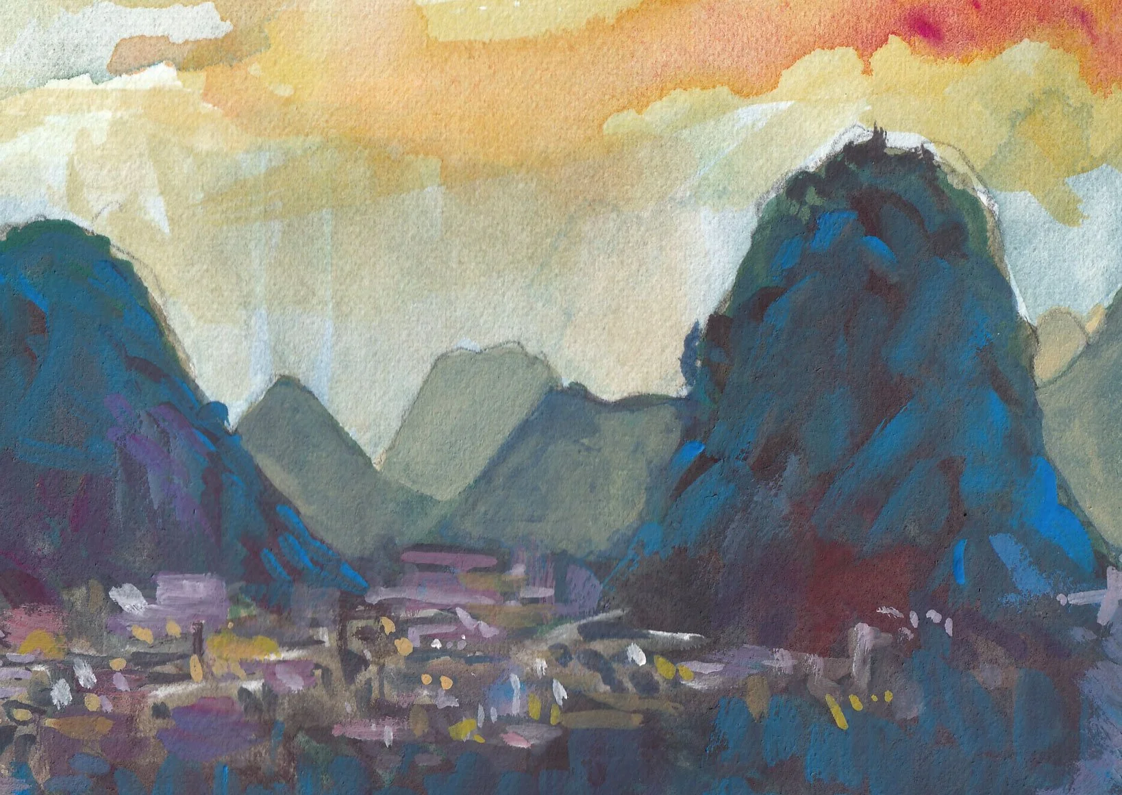 Watercolor painting of a mountain valley with blue and green mountains, small buildings, and a colorful sky with orange and yellow hues.