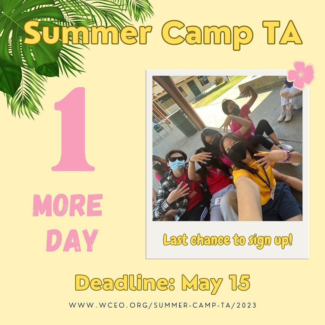 Summer camp TA applications are due TOMORROW!

Certain camp locations are low on availability, so get your applications in ASAP!

www.wceo.org/summer-camp-ta/2023