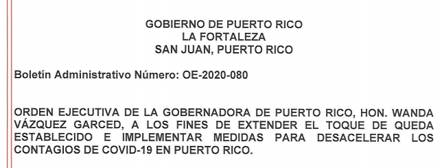 ORDEN EJECUTIVA 2020-80 P.R. COVID-19