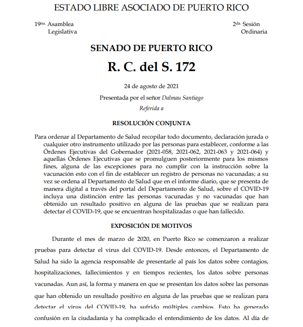 SENADO DE PUERTO RICO R. C. del S. 172 Presentada por el señor Dalmau Santiago Referida a RESOLUCIÓN CONJUNTA