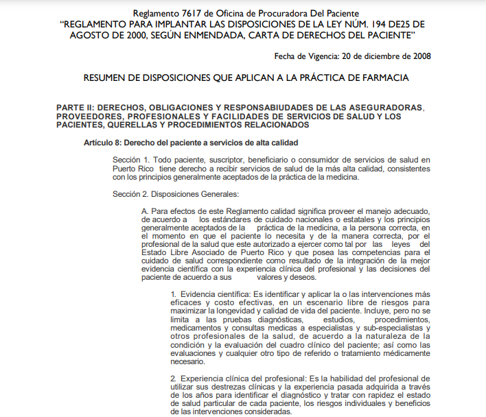 "REGLAMENTO PARA IMPLANTAR LAS DISPOSICIONES DE LA LEY NÚM. 194 DE25 DE AGOSTO DE 2000, SEGÚN ENMENDADA, CARTA DE DERECHOS DEL PACIENTE”