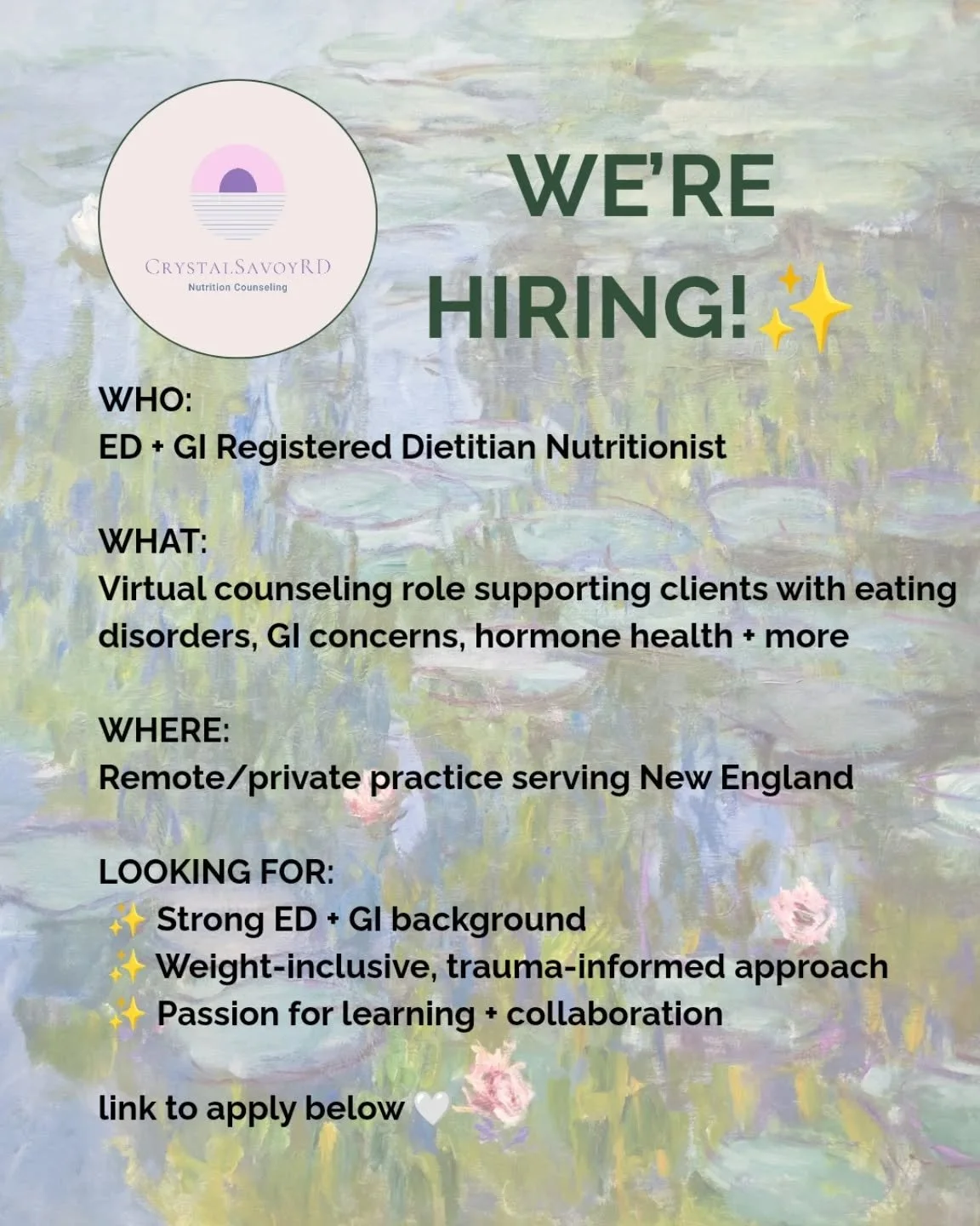 We&rsquo;re growing ✨

Crystal Savoy RD&nbsp;is hiring a Registered Dietitian to join our supportive, collaborative team 🤍

We&rsquo;re looking for someone with strong experience/training in:
&bull; Eating disorders + disordered eating
&bull; GI hea
