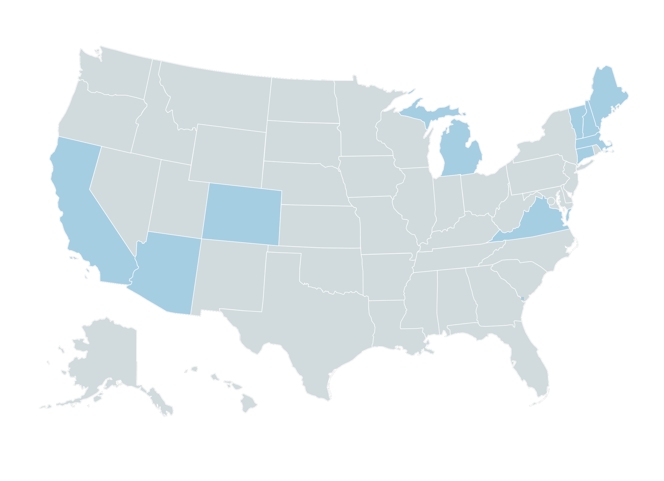 Map of the United States with certain states in blue, indicating specific selections.