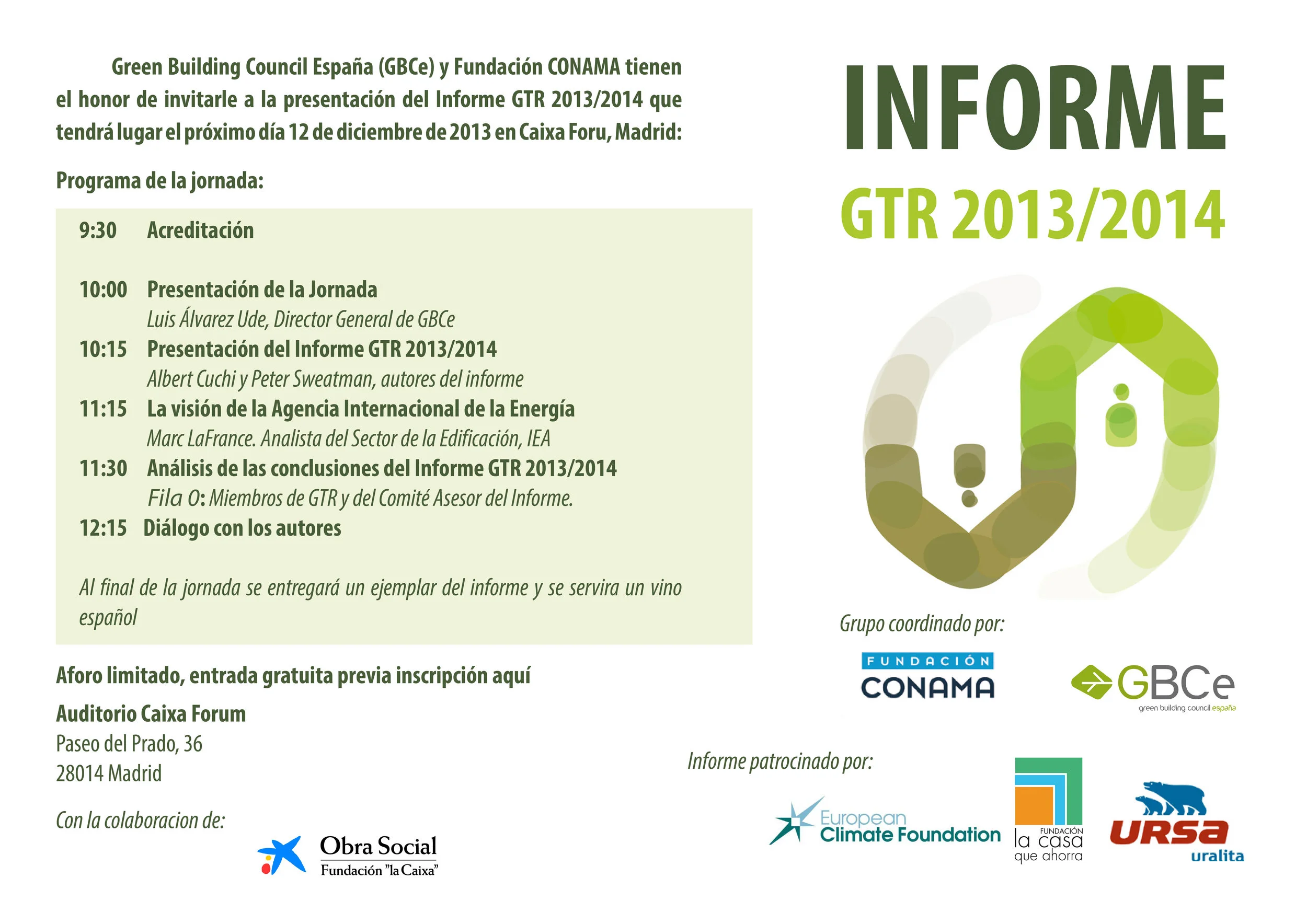 Green Building Council España (GBCe) y Fundación CONAMA presentan el Informe 2013/2014 del grupo para la rehabilitación (GTR)  el 12 de diciembre