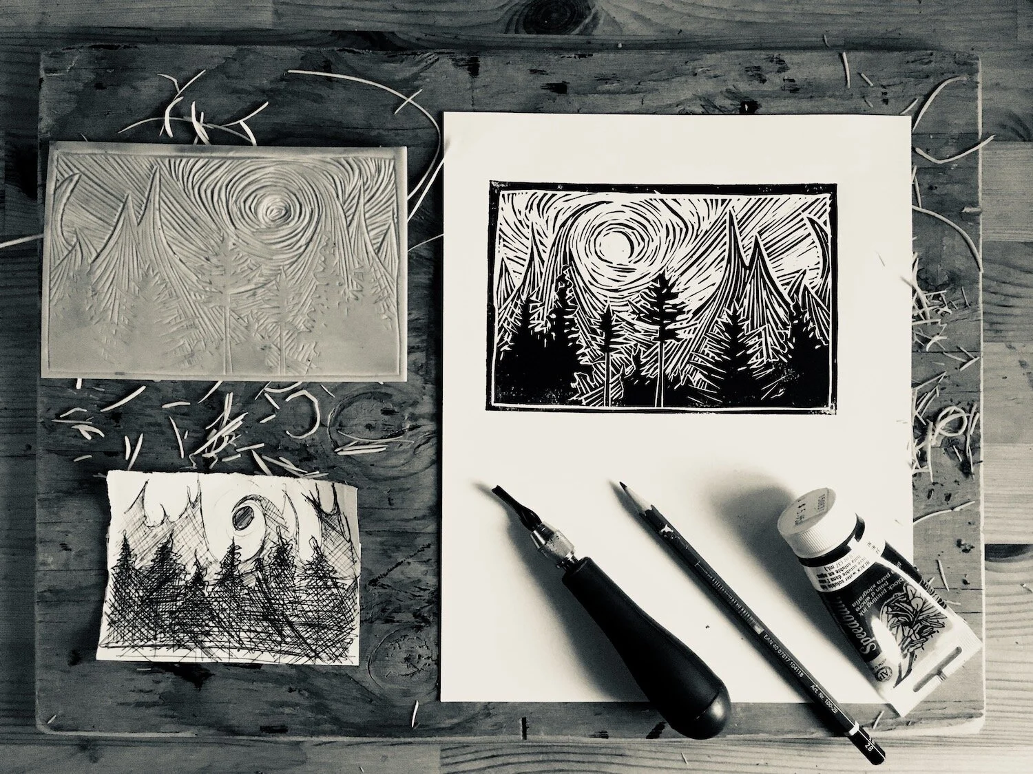 “Mountain Shine” block print by Aaron Enns mountain art and A.C.M.G. Ski guide Golden B.C. Canada