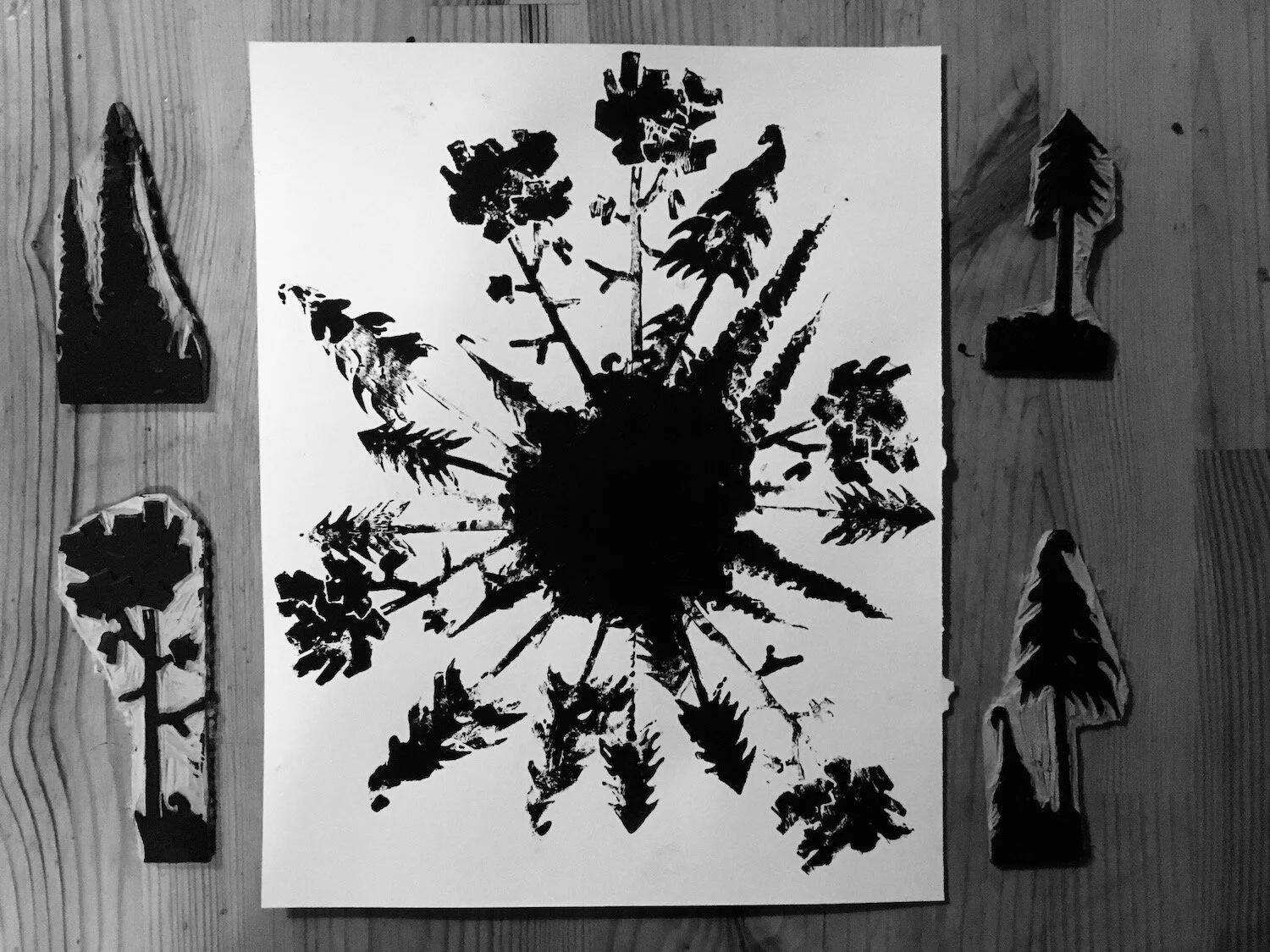 “Planet Trees” block printing stamps and design by Aaron Enns Art and Guiding Golden B.C.