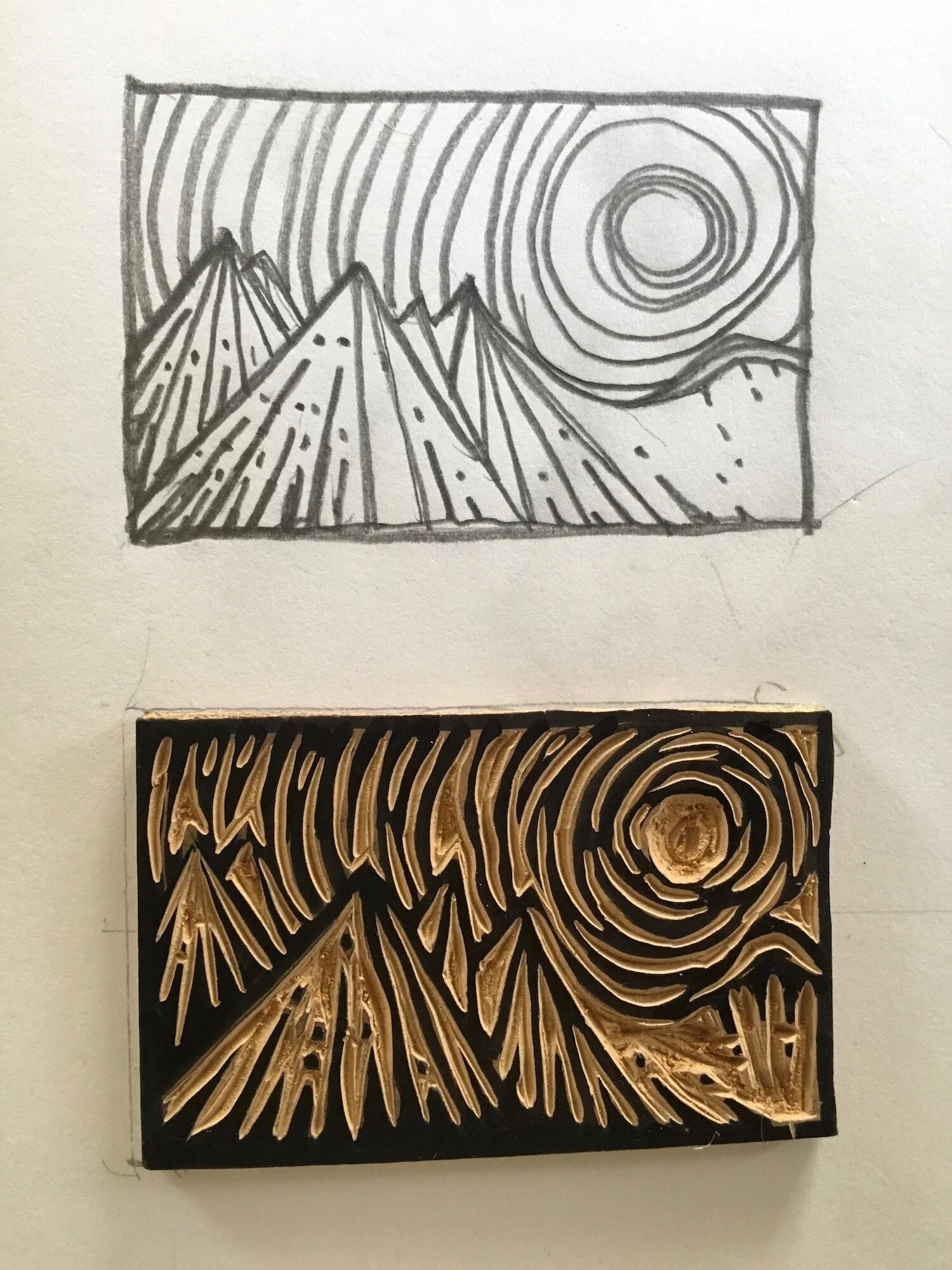 Lino cut sketch and block print by Aaron Enns Art and Guiding Golden B.C. ski art, logo, mountain design, guided backcountry ski and snowboard trips