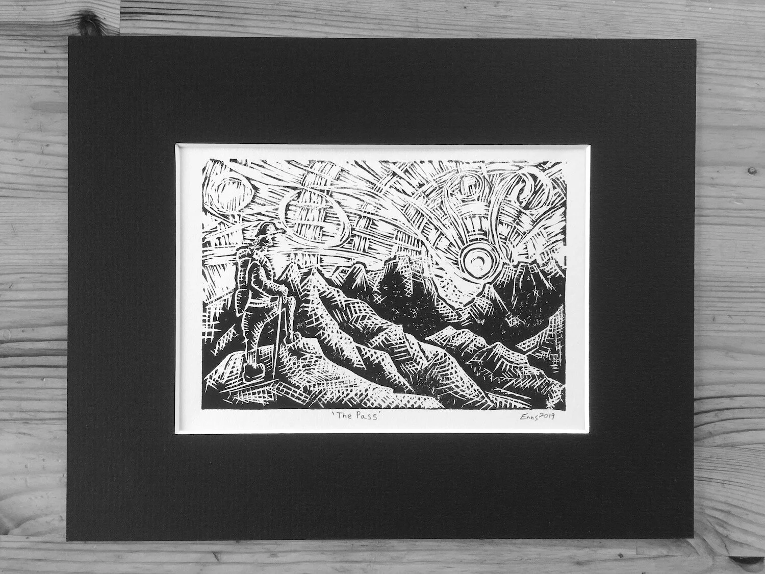 “The Pass” block print hiking Canadian Rockies art by Aaron Enns A.C.M.G. Ski Guide Golden B.C. Canada