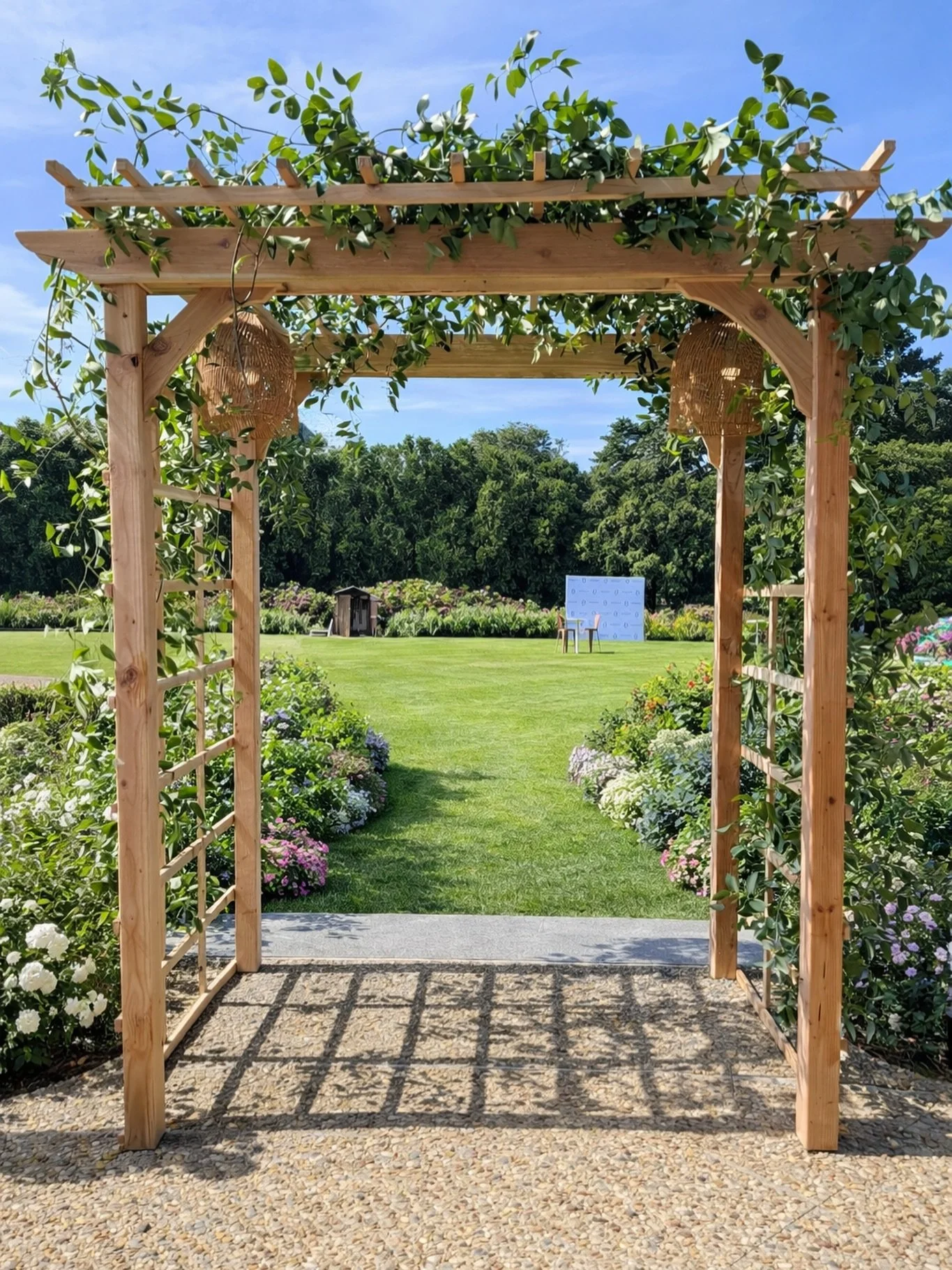 A clear path, made better. (Are we right!?)

Strong wood lines, restrained greenery, and a custom pergola structure that quietly signals: cocktails this way.

No fuss &mdash; just a well-built moment that does its job.

Custom fabrication by Boston B