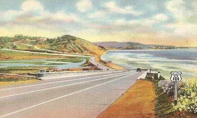 1930s linen postcard illustration. Original caption: A California Highway - On U.S. Highway 101, near Torrey Pines, Los Angeles to San Diego.