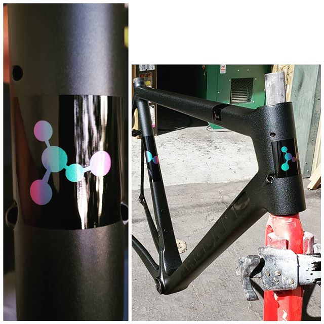 This frame was a cut up by the bike shop as a crash replacement. We put it back together and repainted granite matte black pearl over black gloss with chemeleon logos.  Anything can be repaired and ridden. #argonbikes #custombikepaint #carbonbikerepa