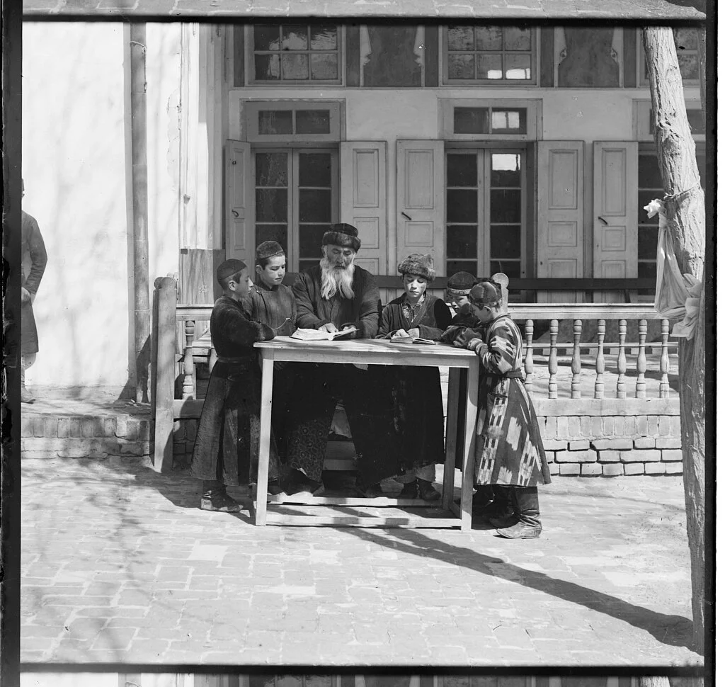 Jewish children with their teacher, Samarkand. Taken between 1905-1915, digitally colored in 2005-2020. Source: Prokudin-Gorski photograph collection, Library of Congress. Digital color rendering by Walt Frankhauser