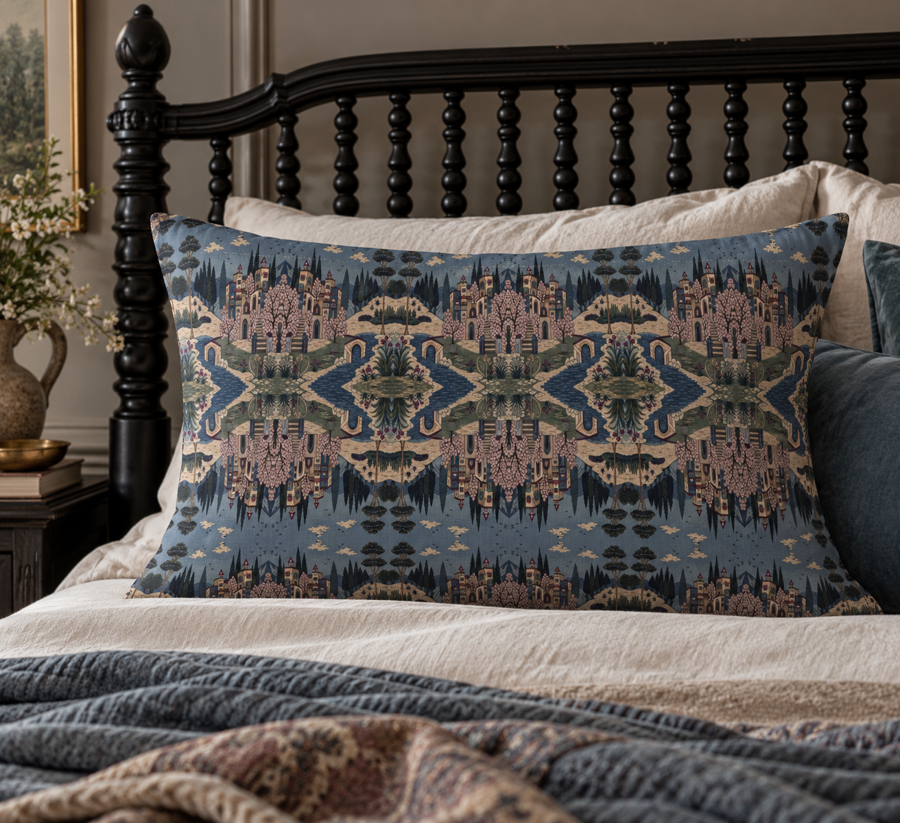 Tapestry Pillow on an Antique Bed.png