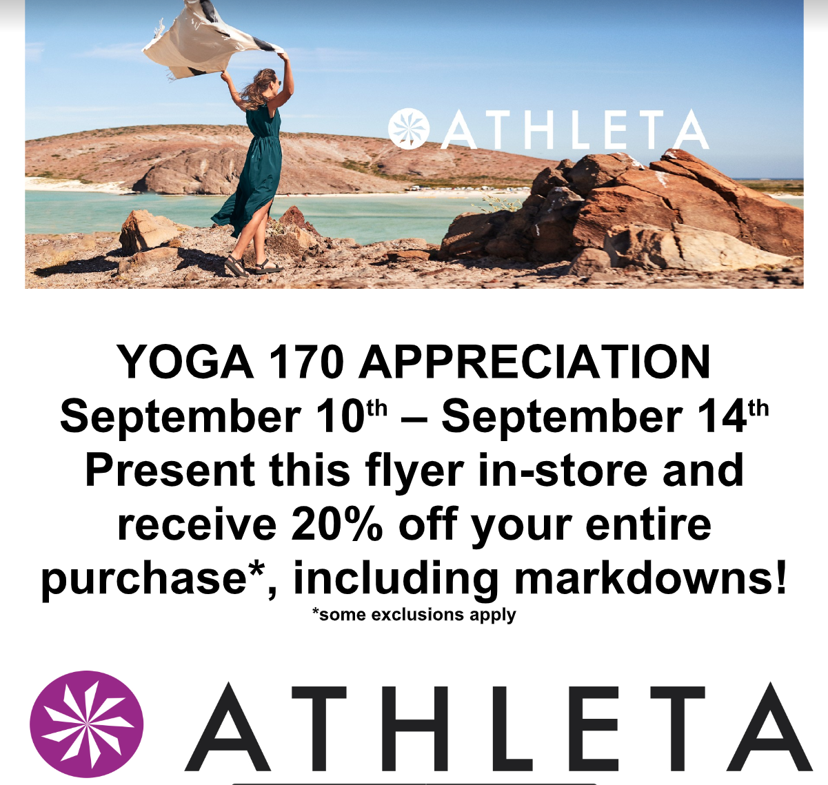 Treat yourself! Thank you to our friends at Athleta for this Yoga 170 appreciation coupon. Happy shopping to you!