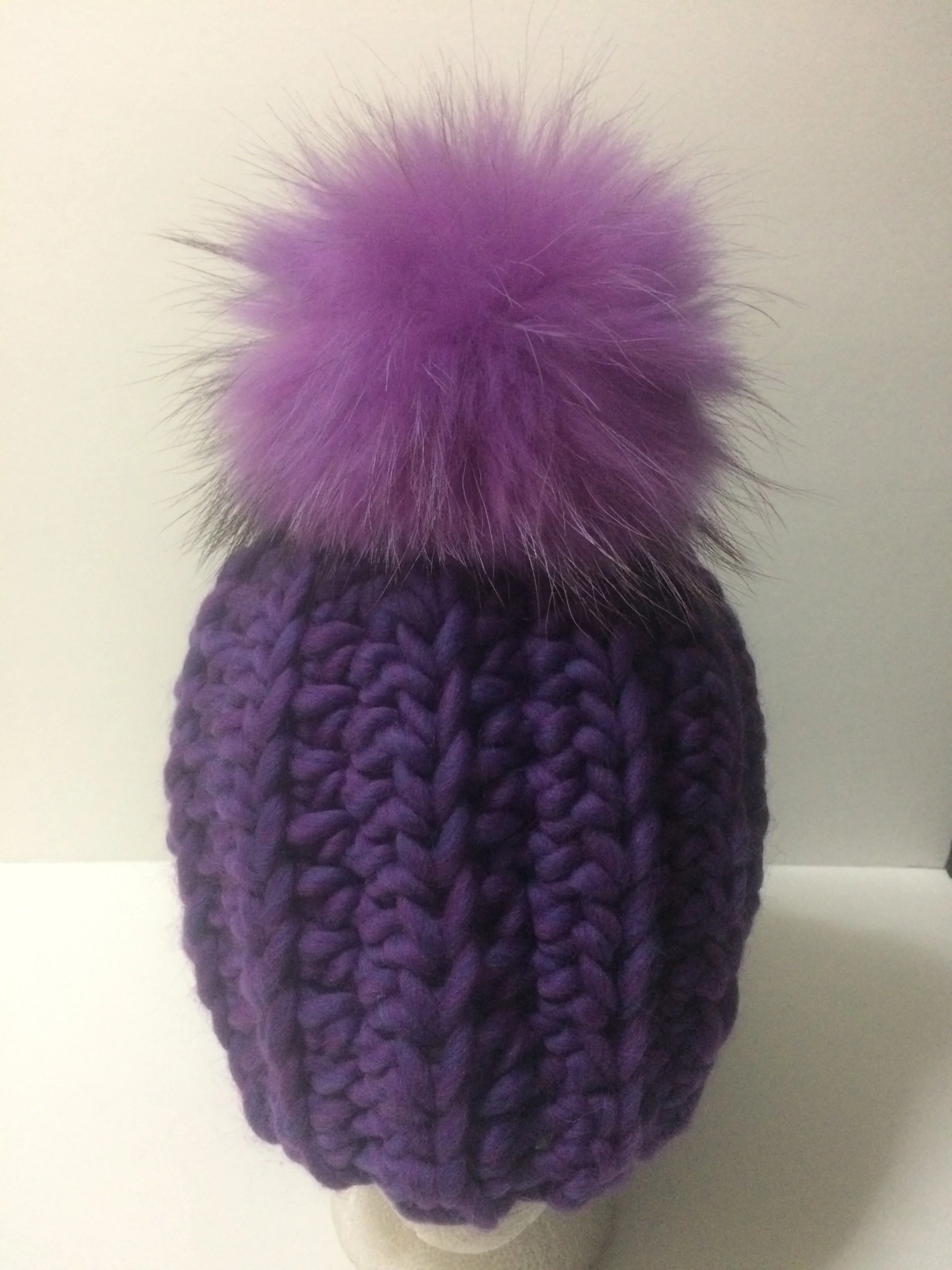 Chunky Merino Hat, 100% Merino Wool with Removable Real Raccoon Fur Pompom