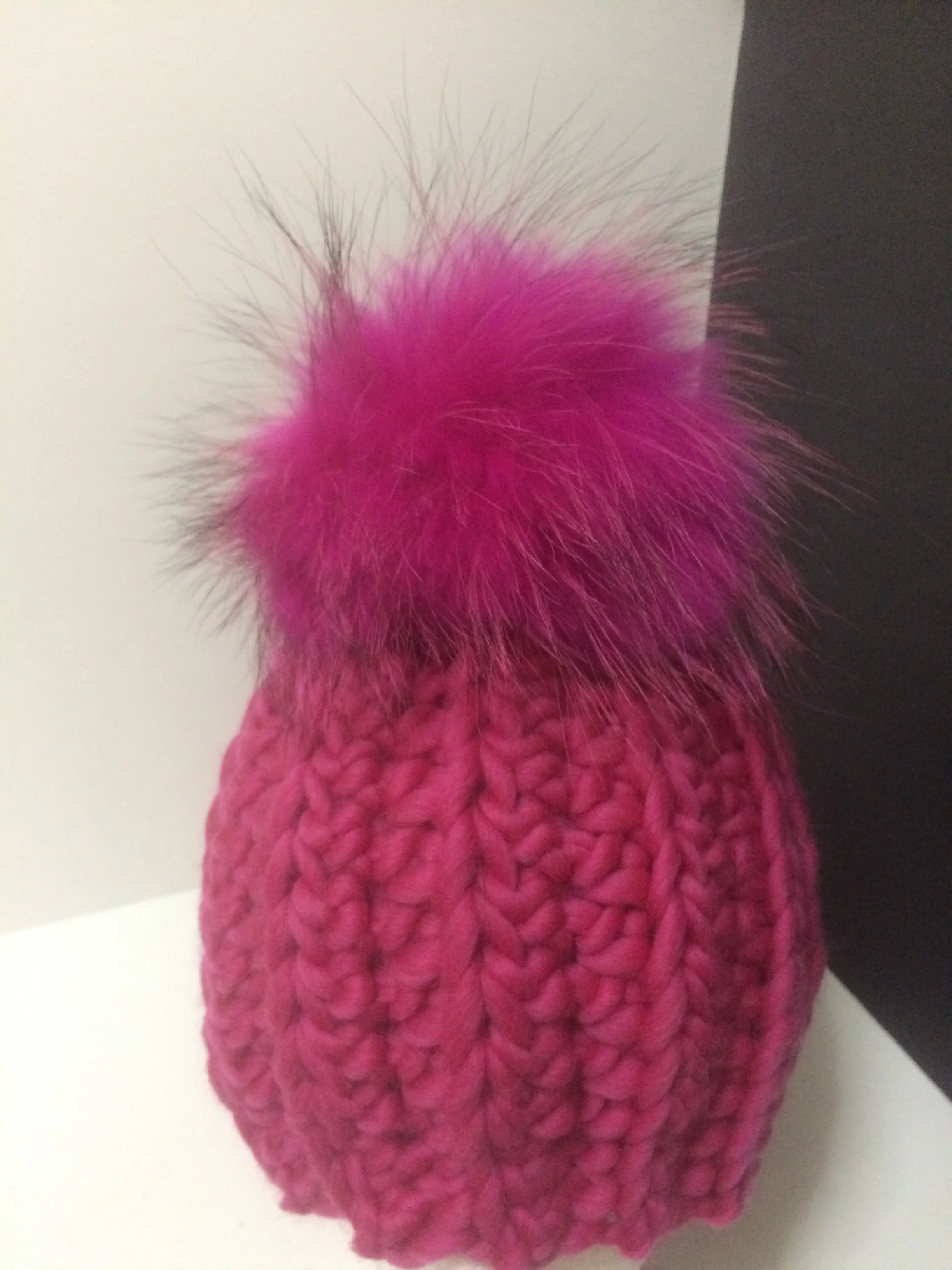 Chunky  Merino Hat, 100% Merino Wool with Removable Real Raccoon Fur Pompom