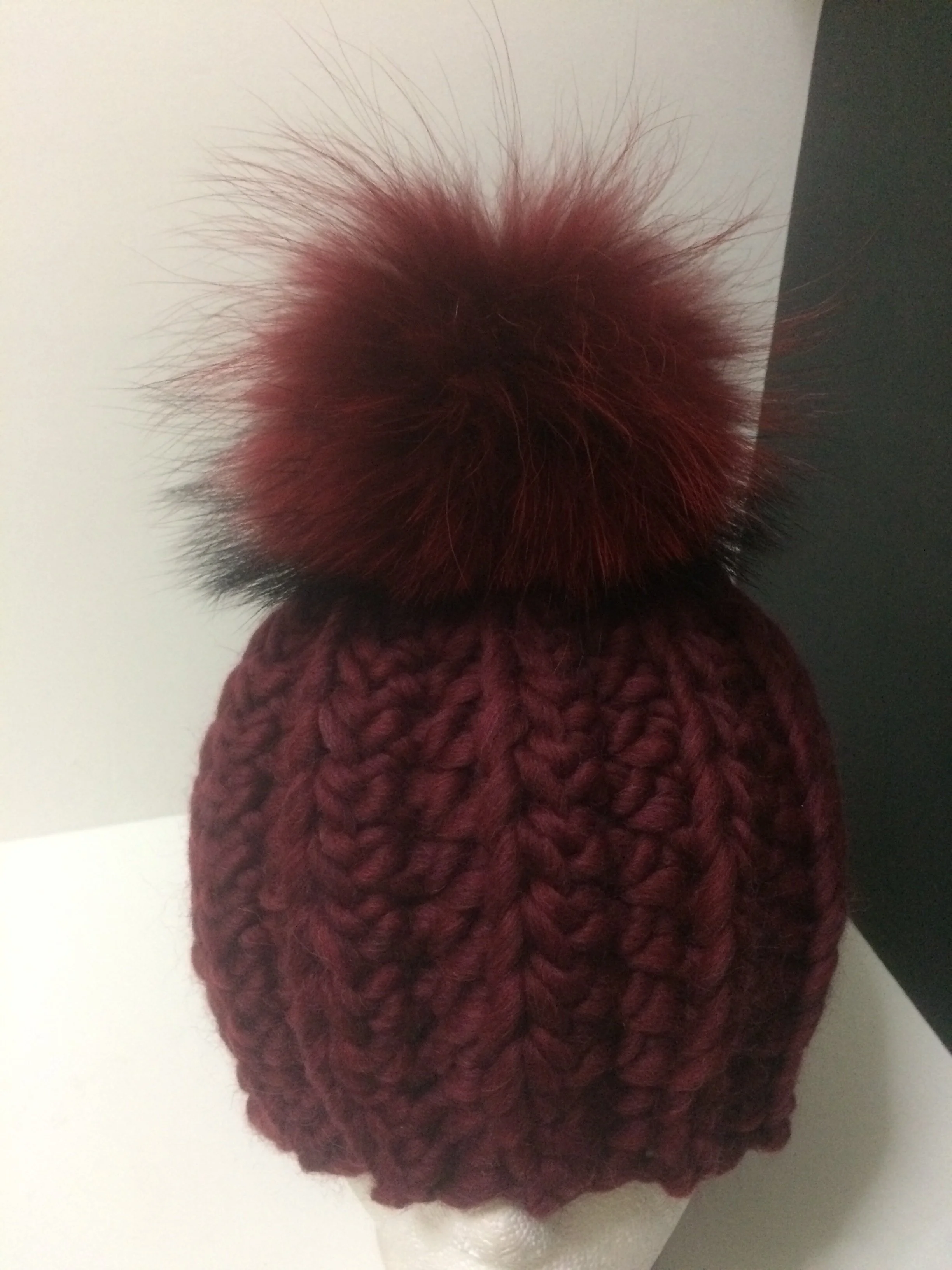 Chunky  Merino Hat, 100% Merino Wool with Removable Real Raccoon Fur Pompom