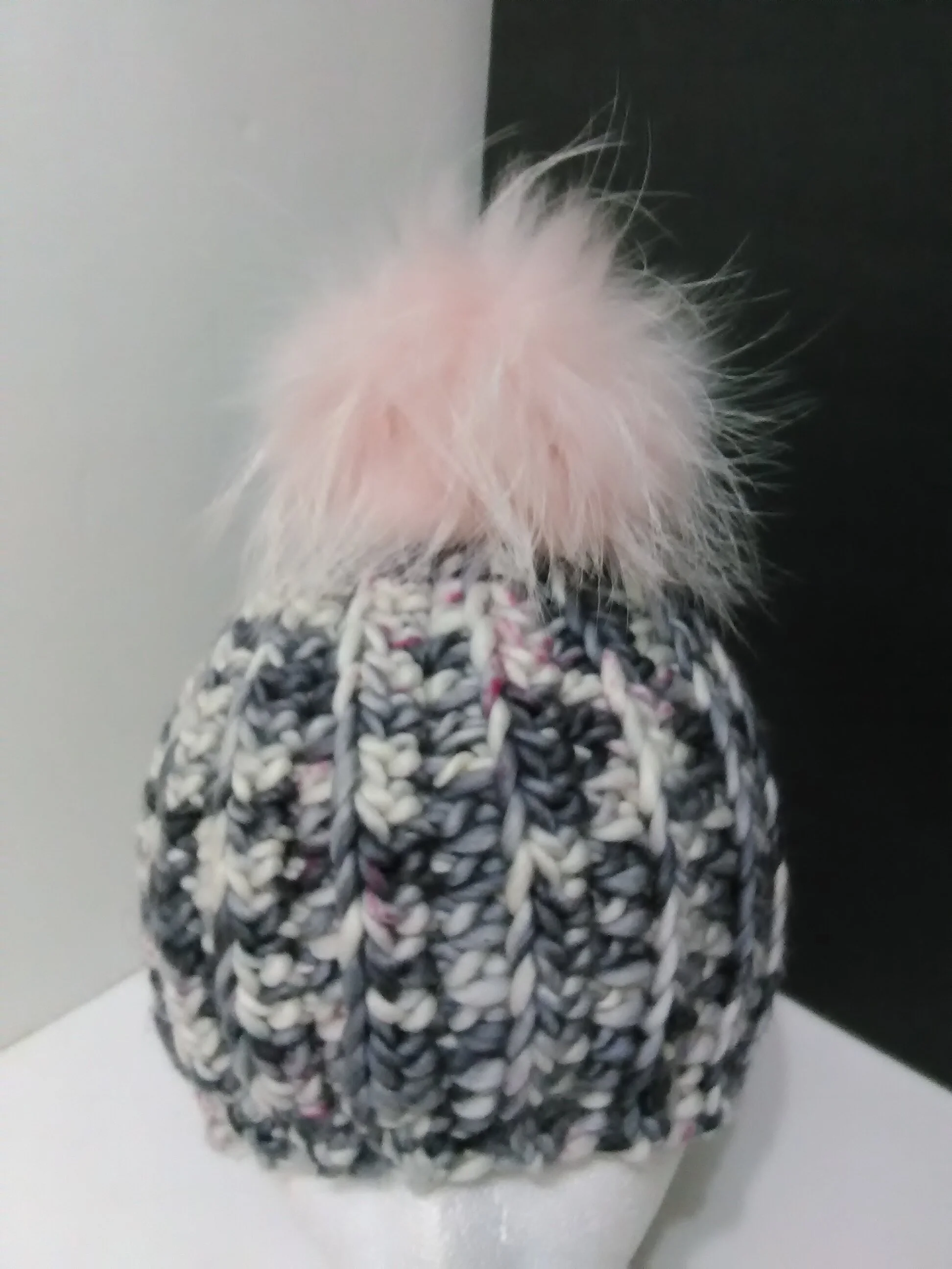 Chunky  Merino Hat, 100% Merino Wool with Removable Real Raccoon Fur Pompom