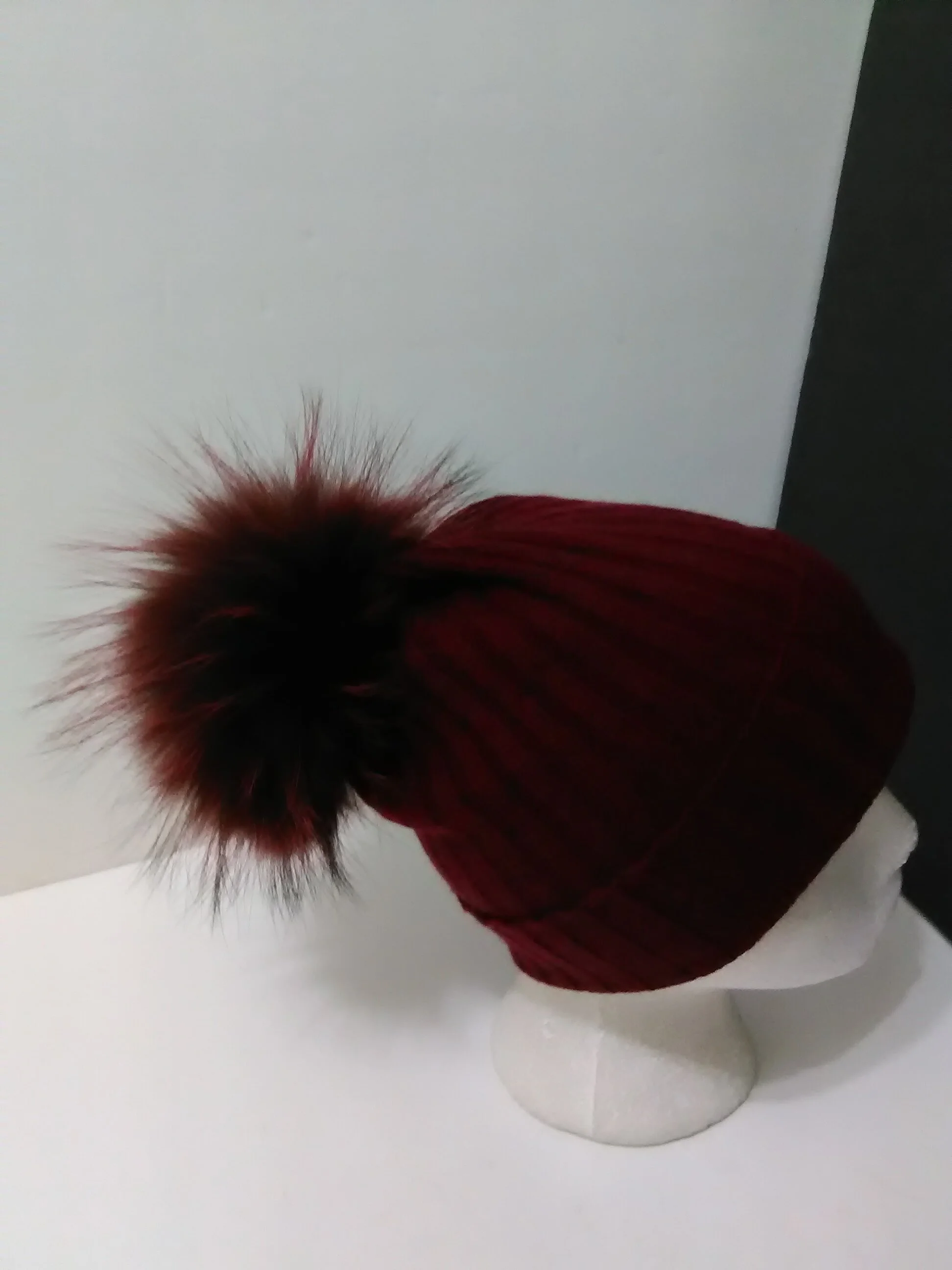 Cashmere Beanie, 100% Pure Cashmere Hat  with Removable Real Raccoon Fur Pompom