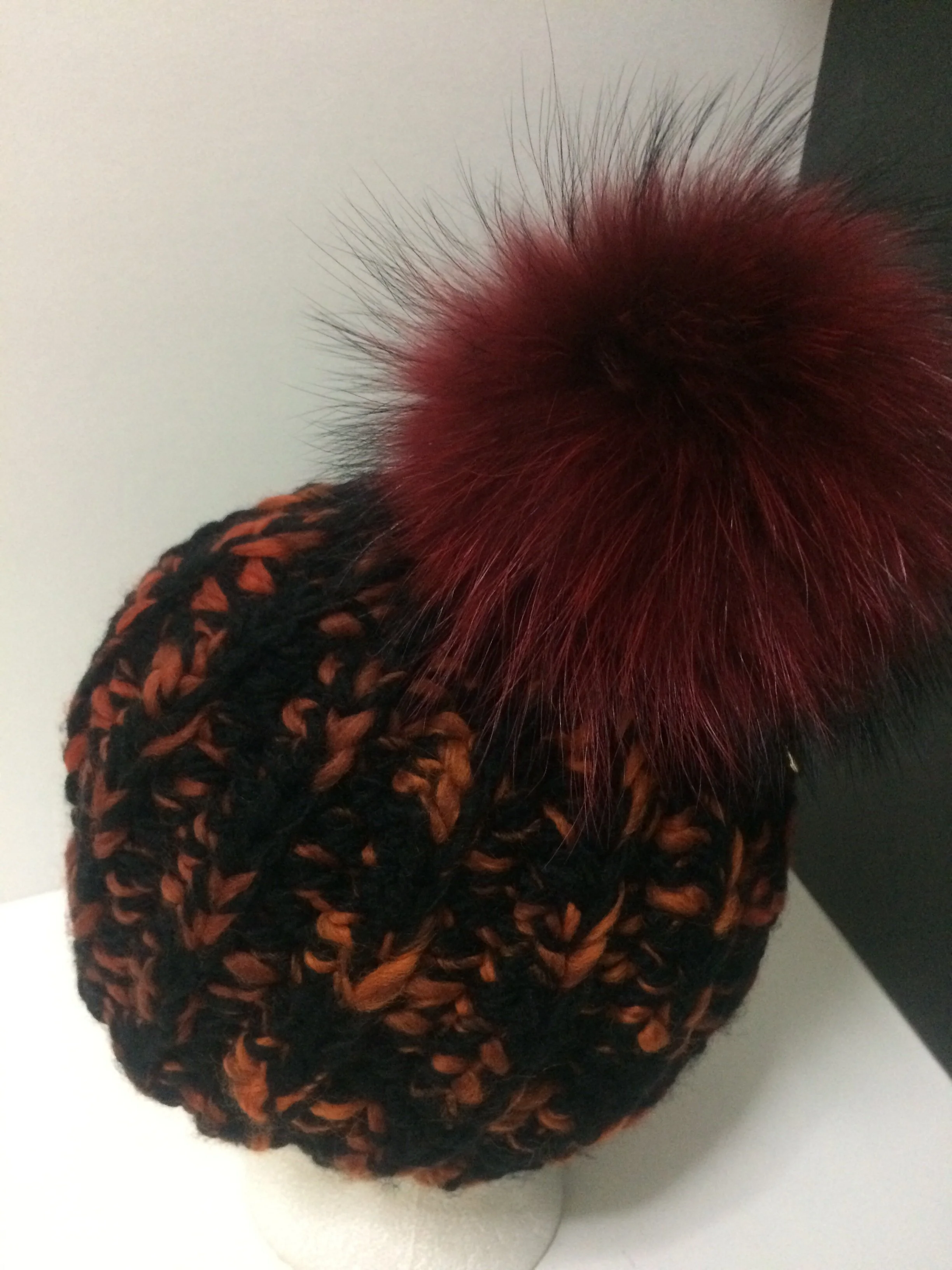Chunky Hat,   Bulky Ribbed Hat, Wool with Removable Real Raccoon Fur Pompom