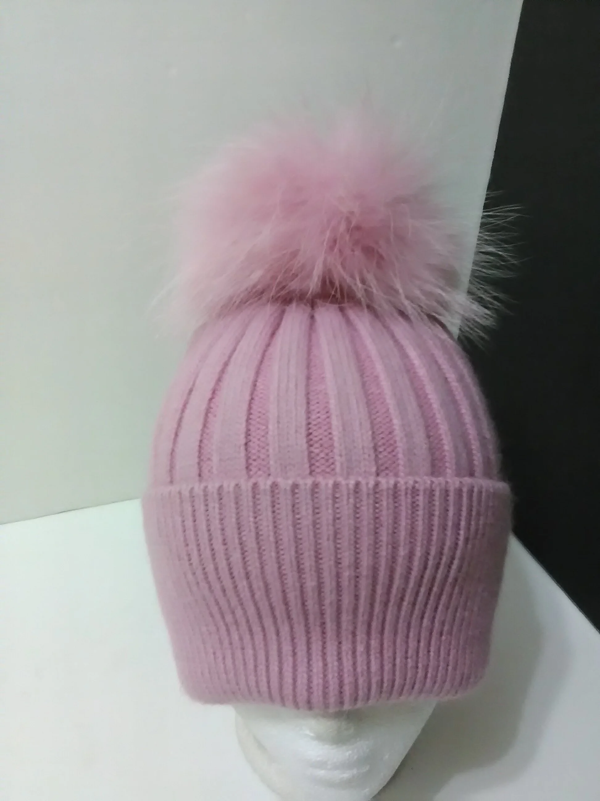Angora Beanie, Fold-over, Ribbed Hat with Removable&nbsp; Real Raccoon Fur Pompom