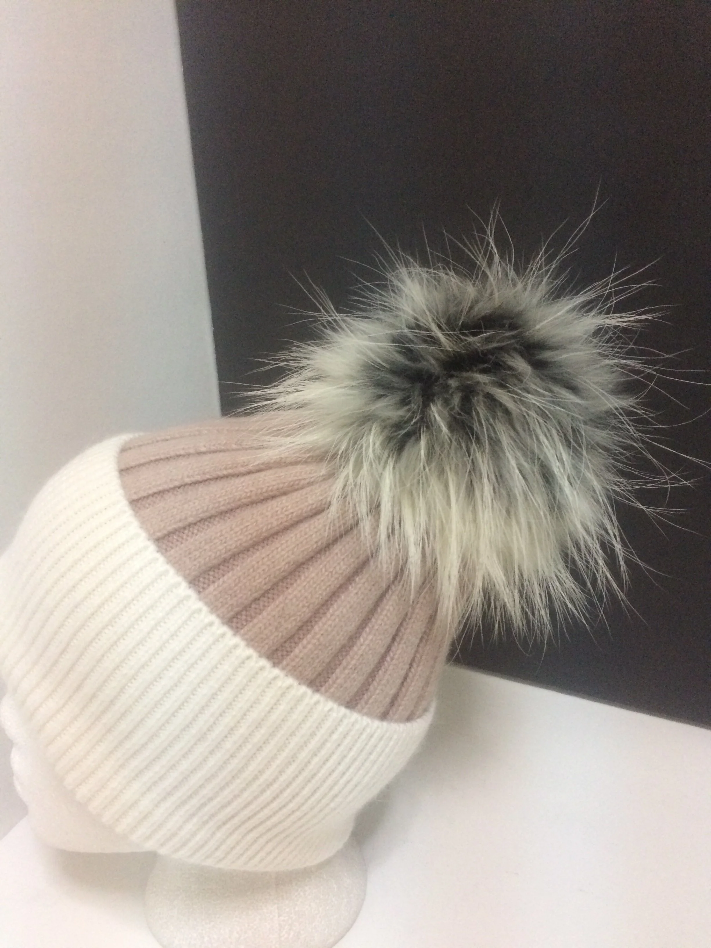Angora Beanie, Fold-over  Ribbed with Removable Raccoon Fur Pom pom 