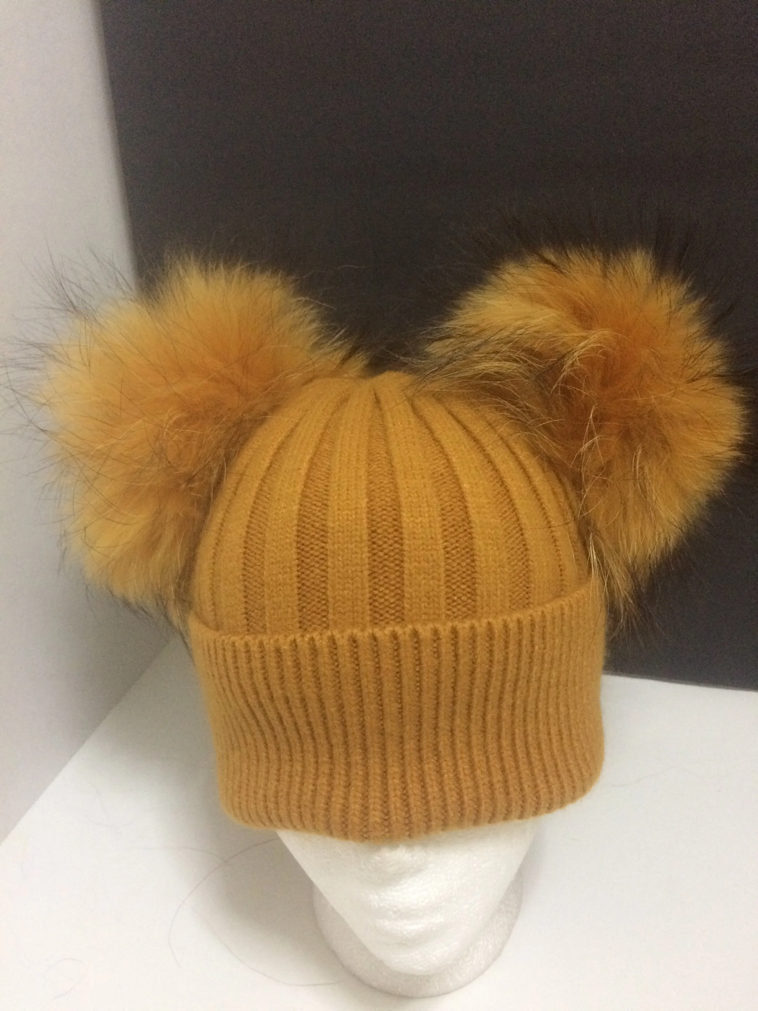 Angora Beanie, Fold-over,&nbsp; Ribbed&nbsp; with Double Removable Raccoon Fur Pompom&nbsp; 