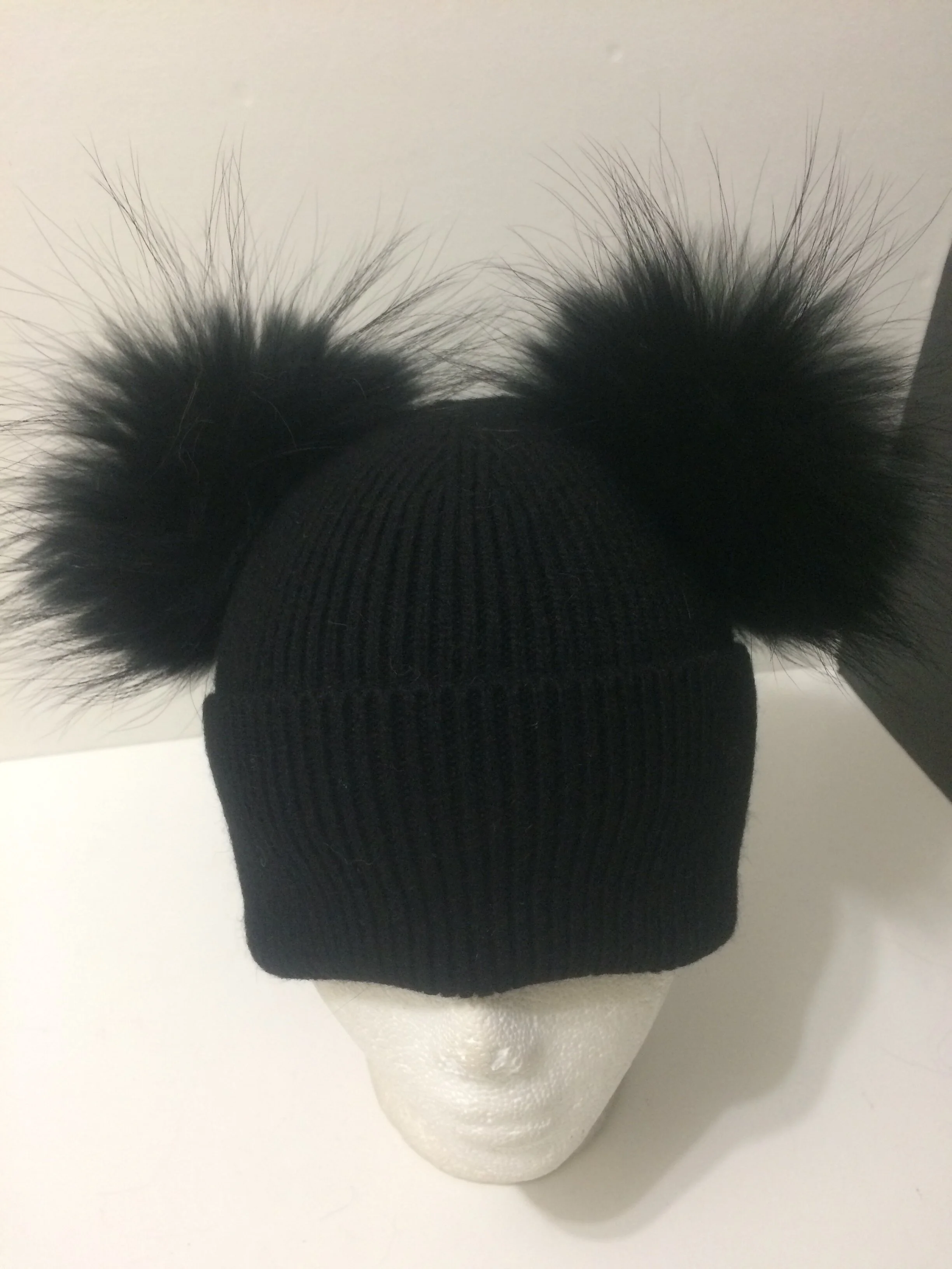 Fur Poms Cashmere Beanie, Fold-over,  Double Removable&nbsp;Real Raccoon Fur Pompom
