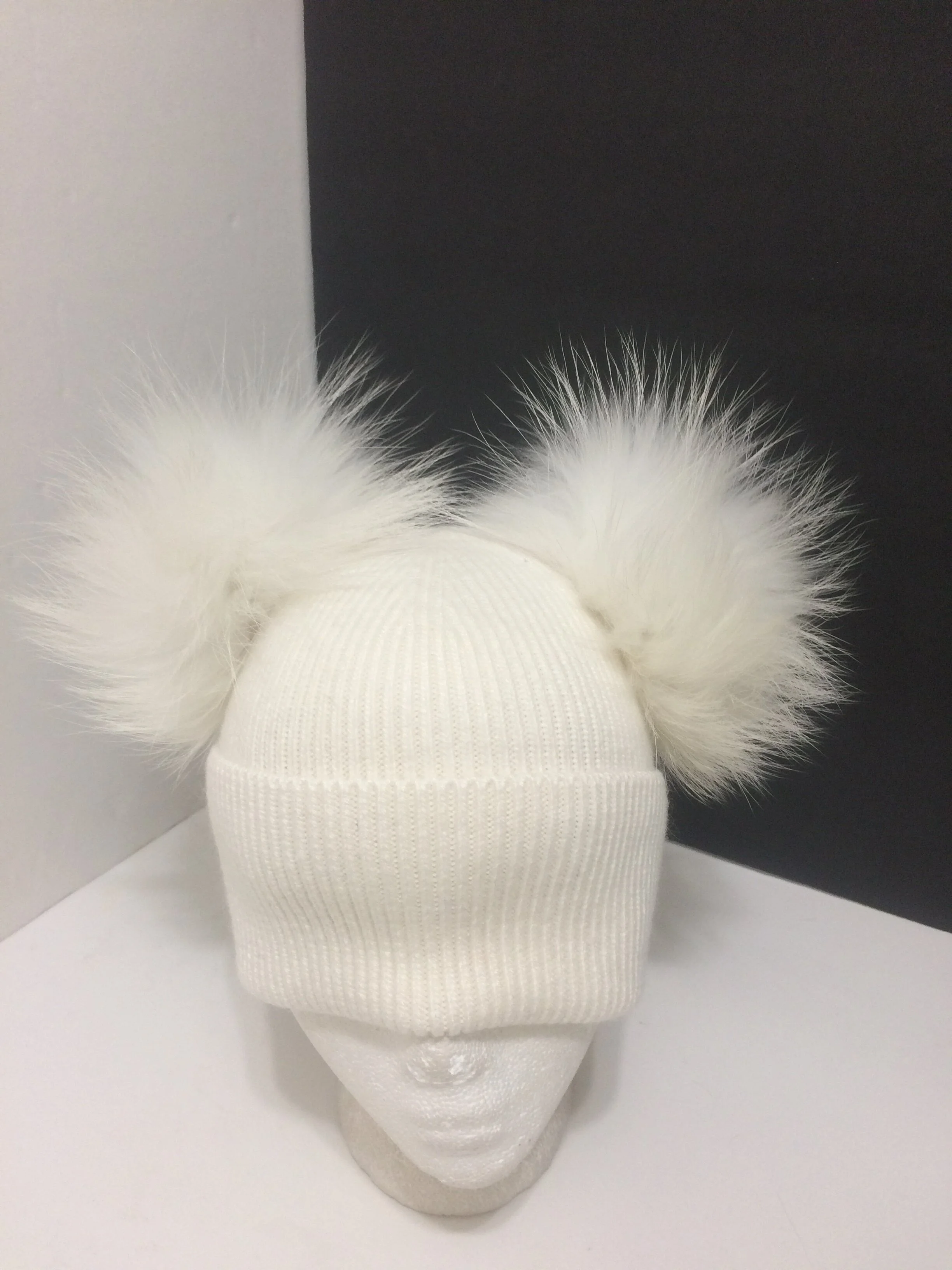 Fur Poms Cashmere Beanie, Fold-over, Double Removable&nbsp;Real Raccoon Fur Pompom