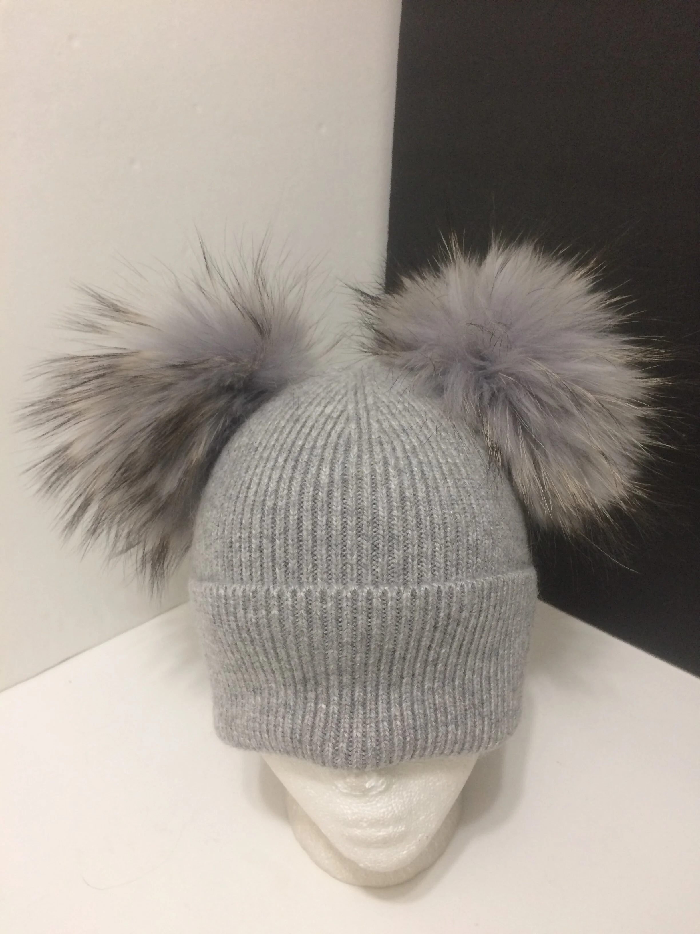 Fur Poms Cashmere Beanie, Fold-over, Double Removable&nbsp;Real Raccoon Fur Pompom