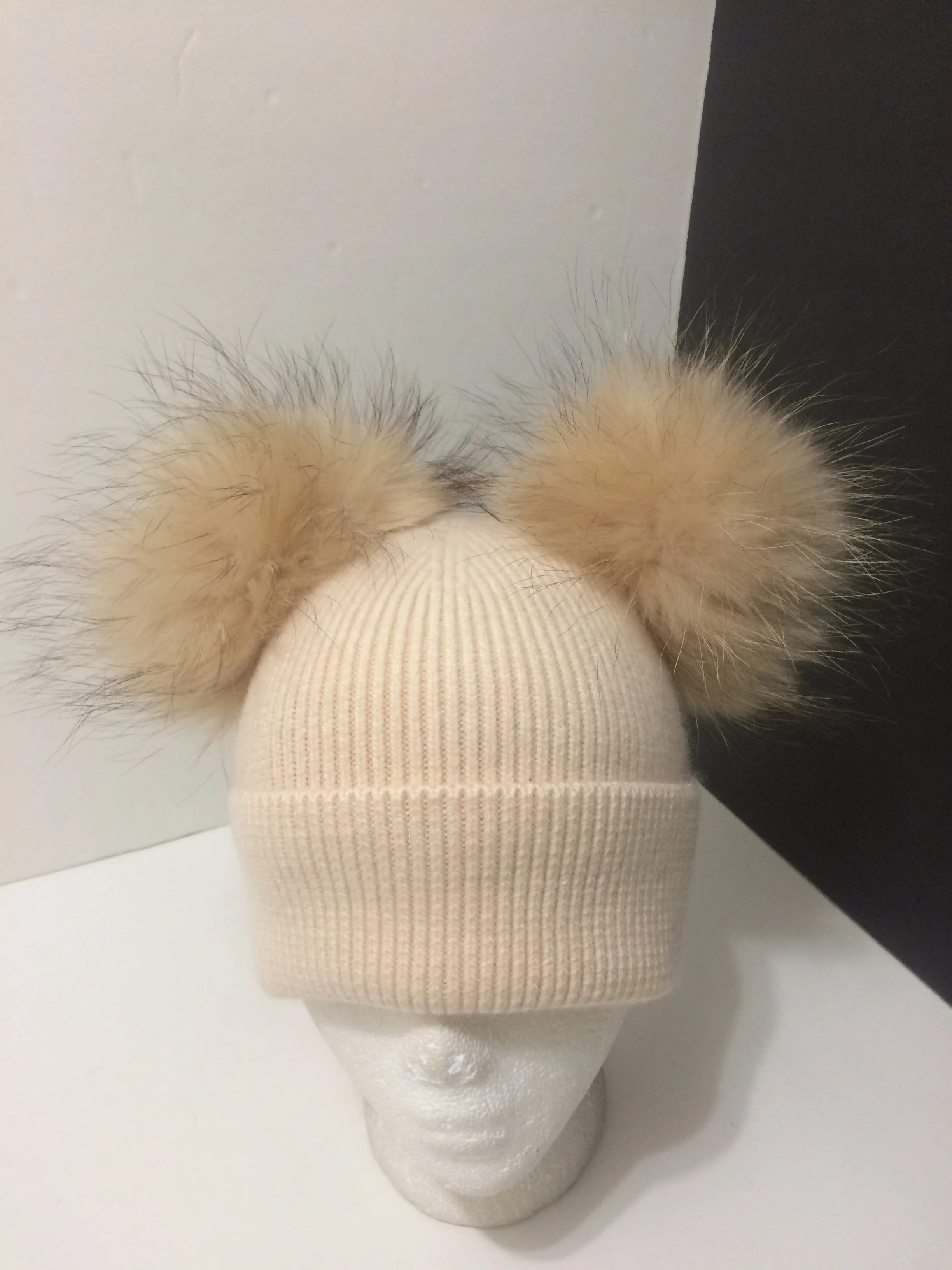 Fur Poms Cashmere Beanie, Fold-over, Double Removable&nbsp;Real Raccoon Fur Pompom