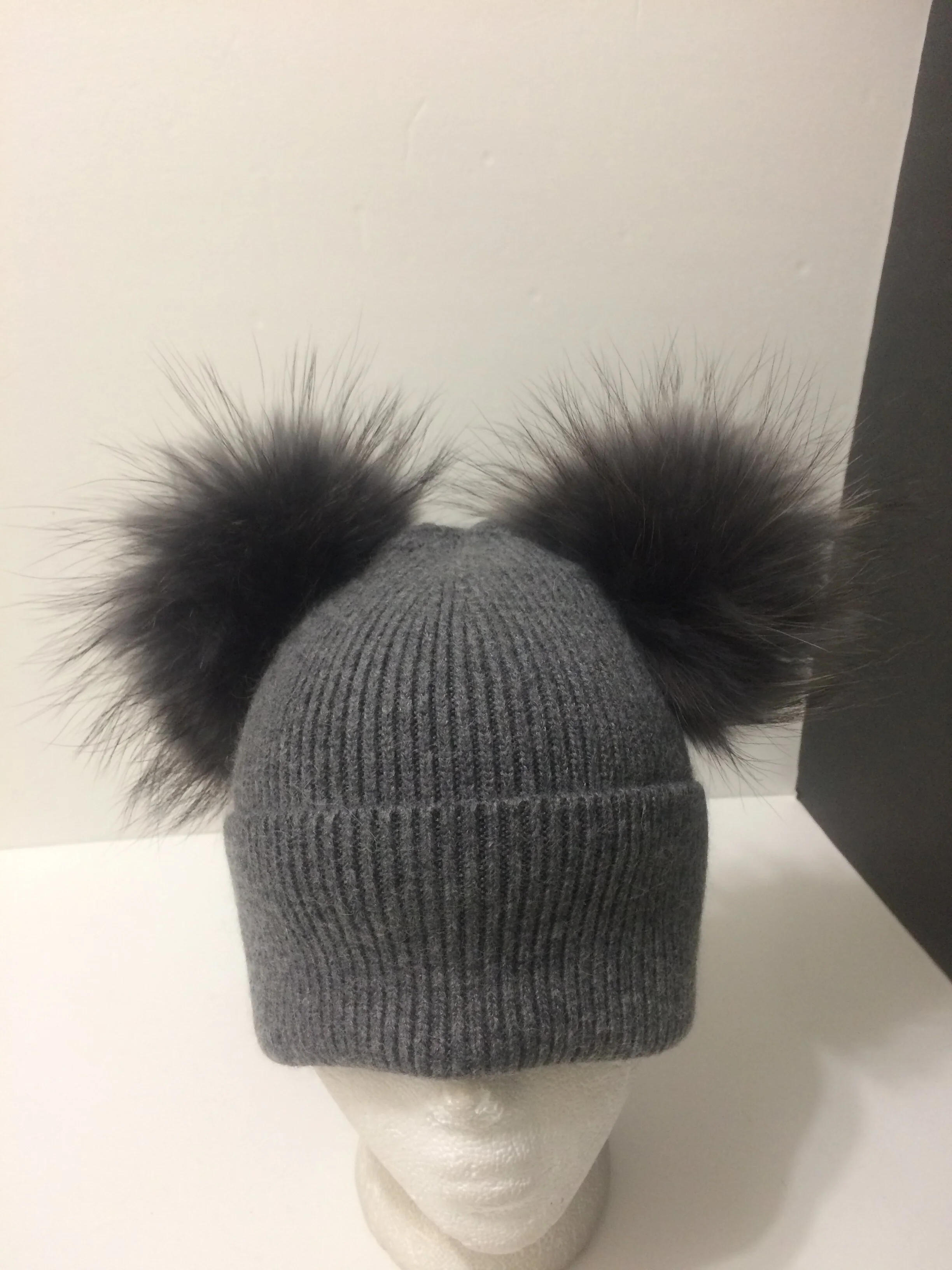 Fur Poms Cashmere Beanie, Fold-over, Double Removable&nbsp;Real Raccoon Fur Pompom