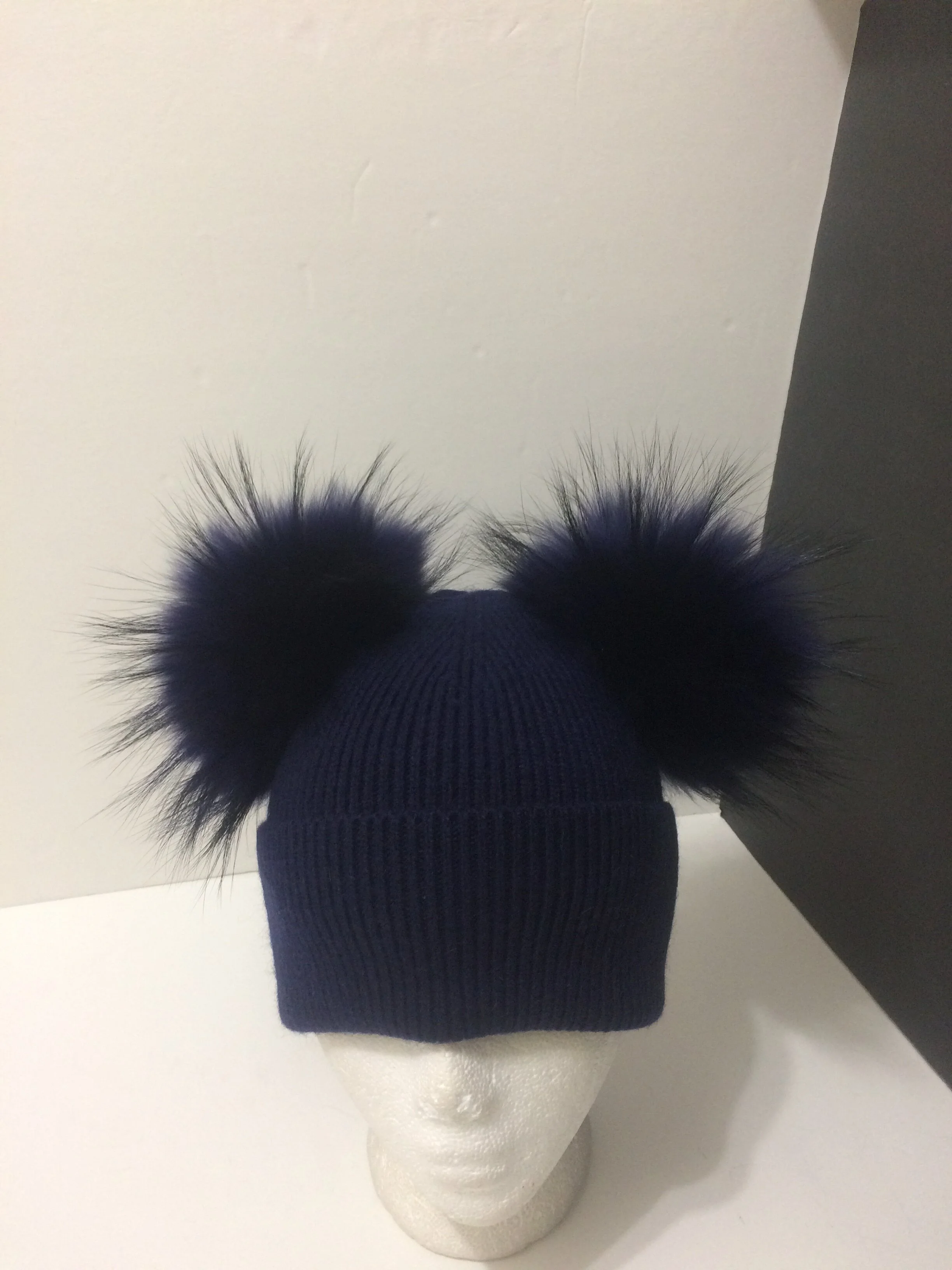 Fur Poms Cashmere Beanie, Fold-over, Double Removable&nbsp;Real Raccoon Fur Pompom