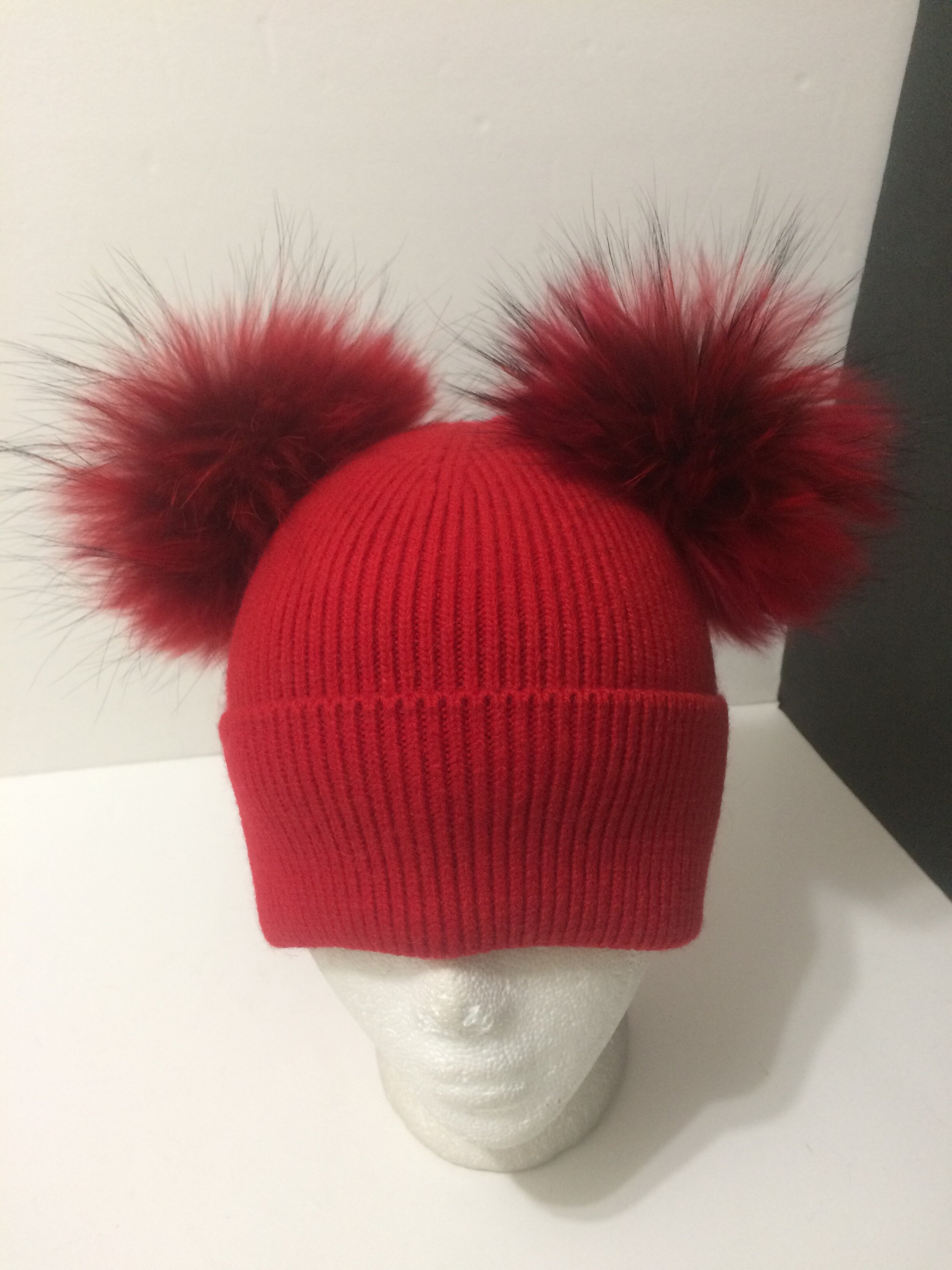 Fur Poms Cashmere Beanie, Fold-over, Double Removable&nbsp;Real Raccoon Fur Pompom