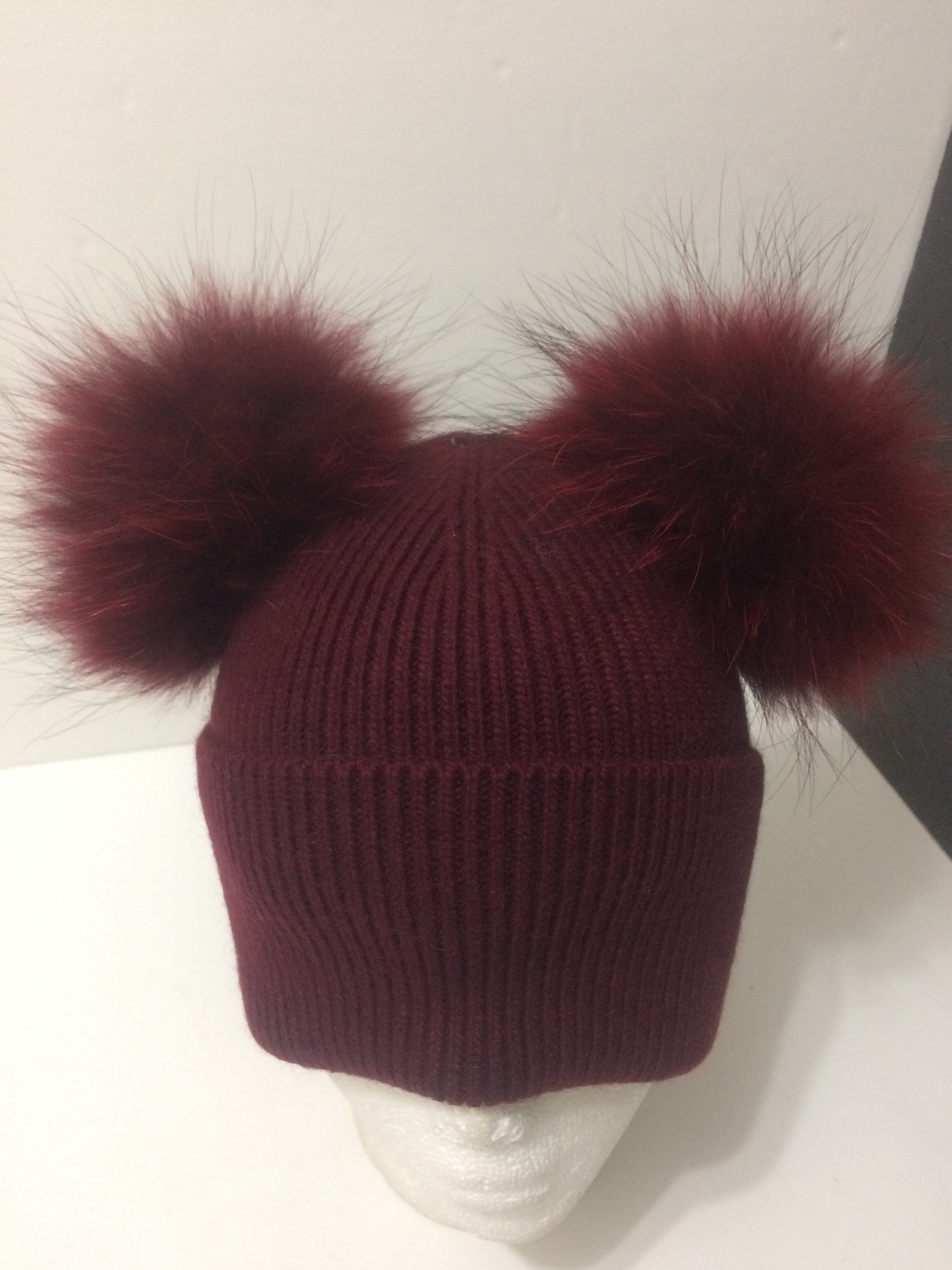 Fur Poms Cashmere Beanie, Fold-over, Double Removable&nbsp;Real Raccoon Fur Pompom