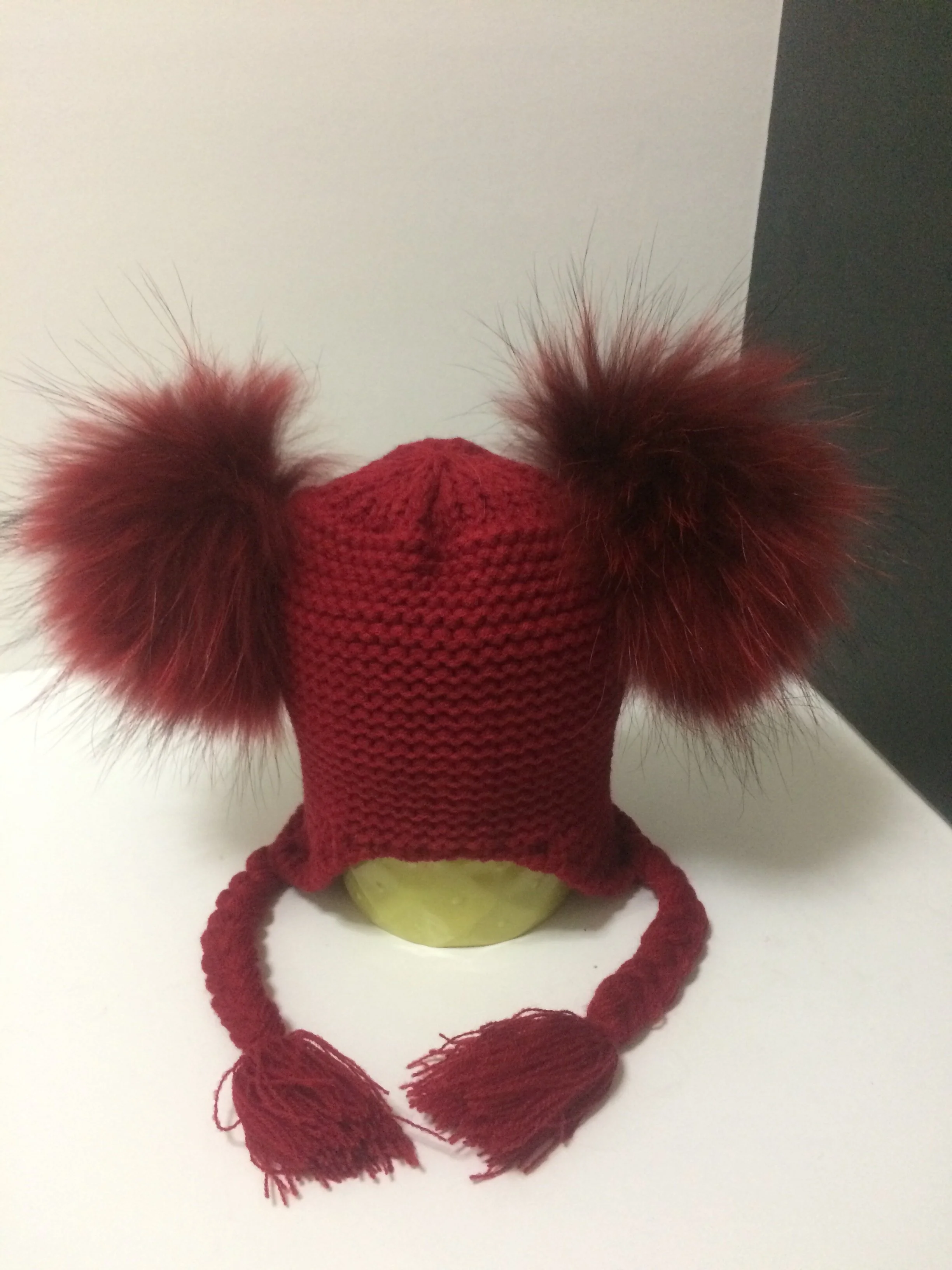 Two Poms Baby Hat, Removable Real Raccoon Fur Pompoms