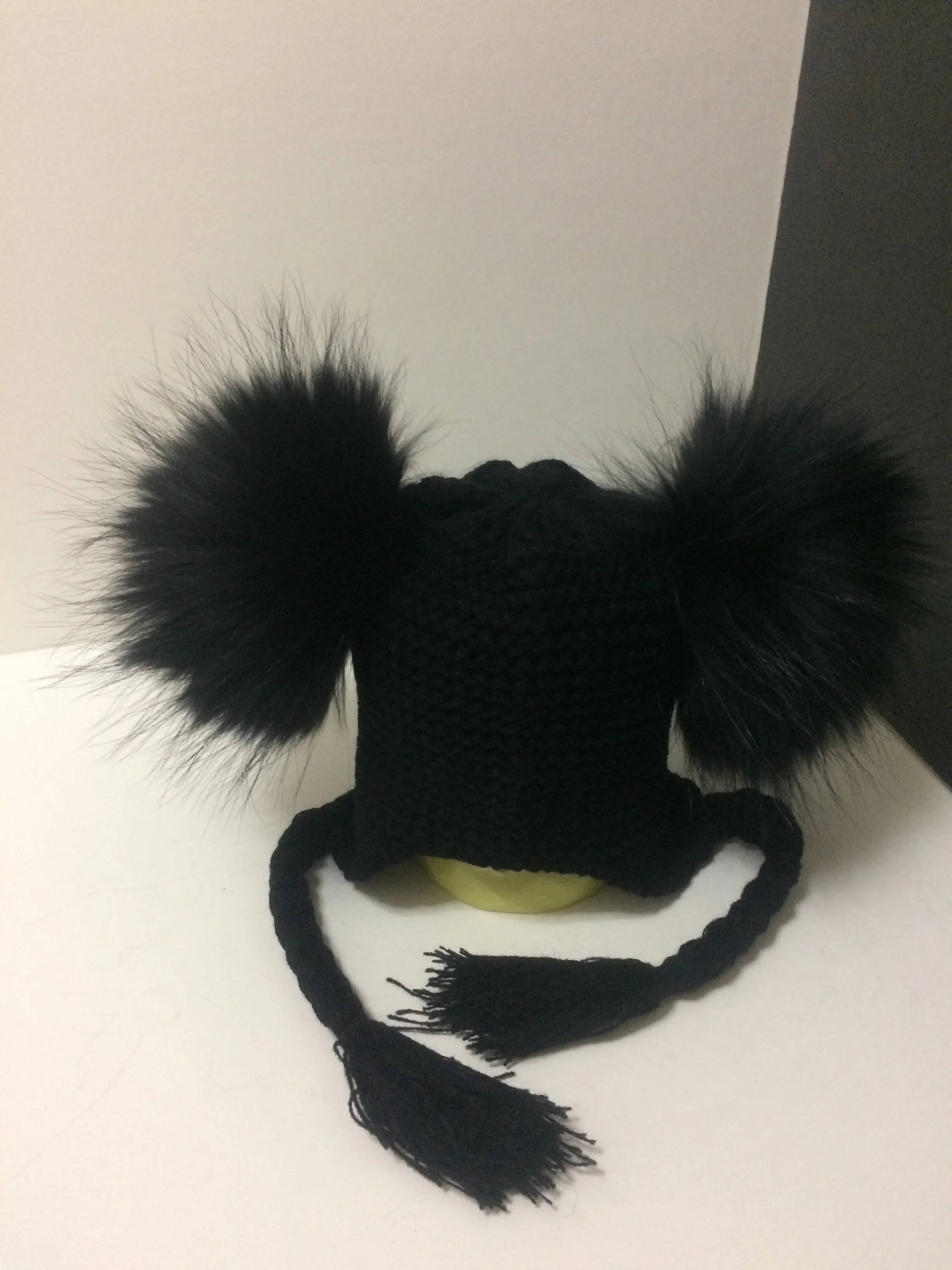 Two Poms Baby  Hat, Removable Real Raccoon Fur Pompoms