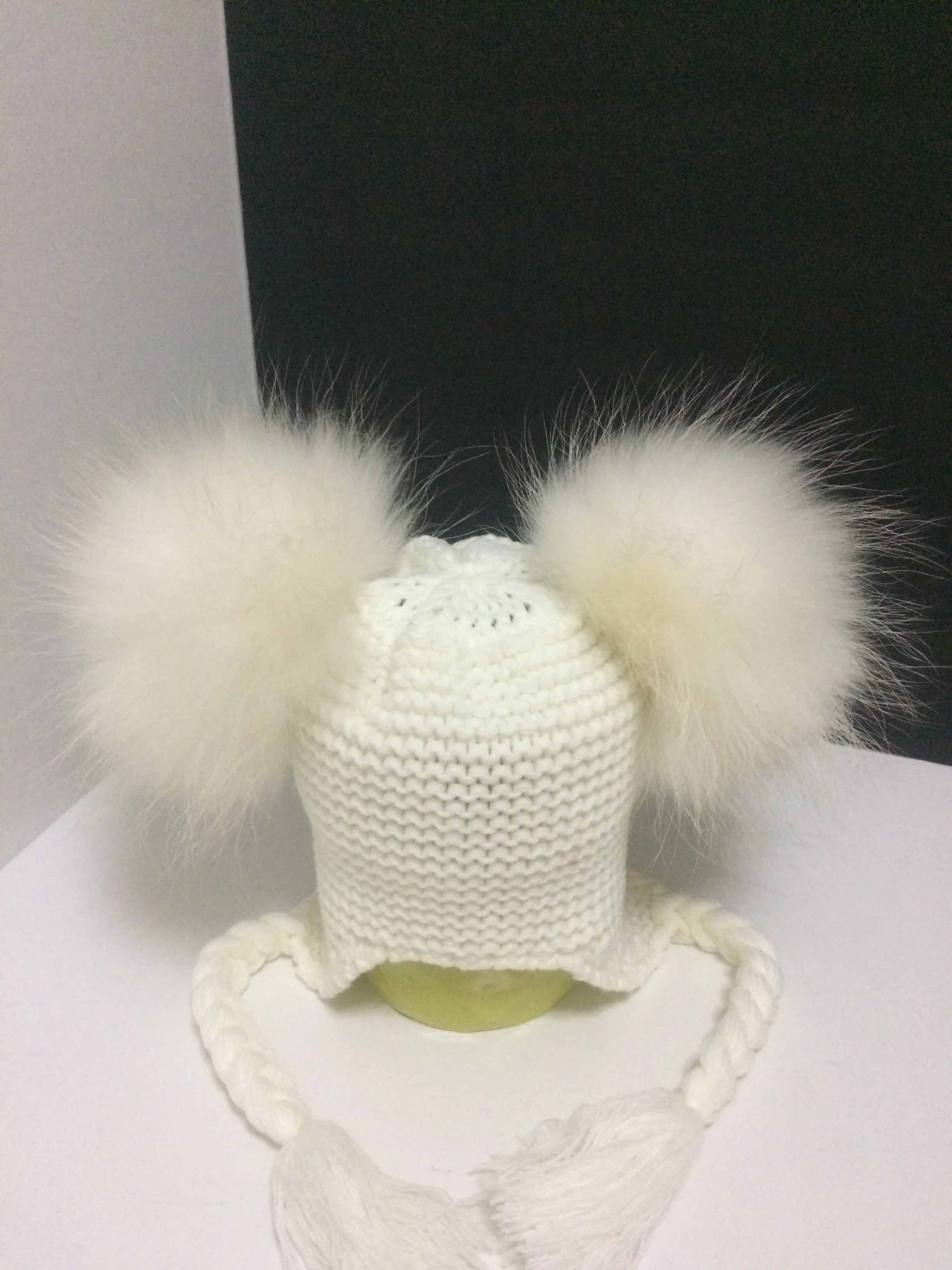Two Poms Baby  Hat, Removable Real Raccoon Fur Pompoms