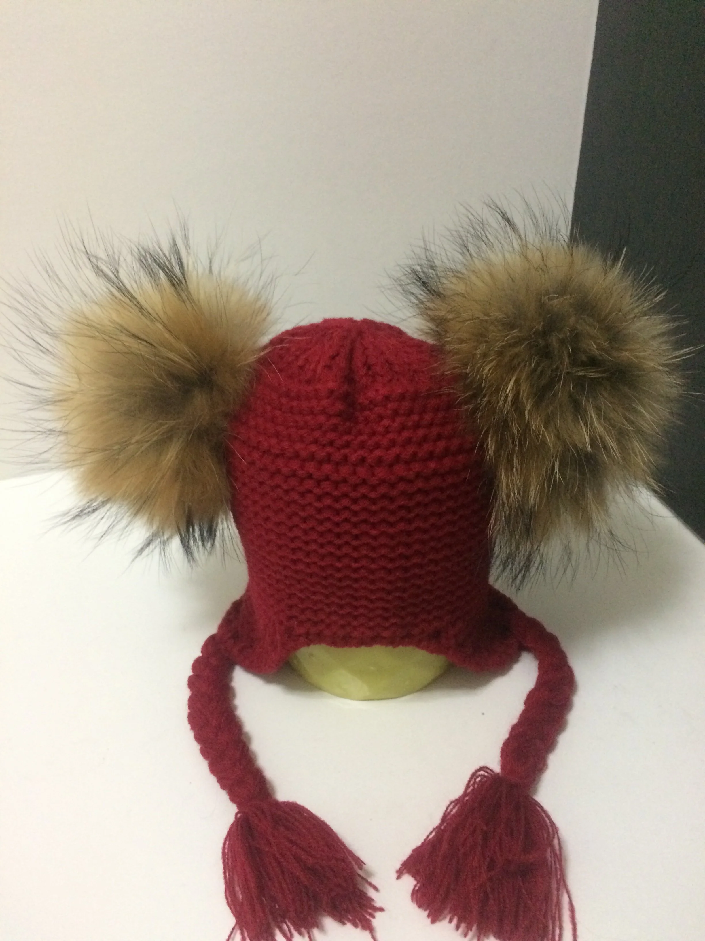 Two Poms Baby  Hat, Removable Real Natural Color Raccoon Fur Pompoms