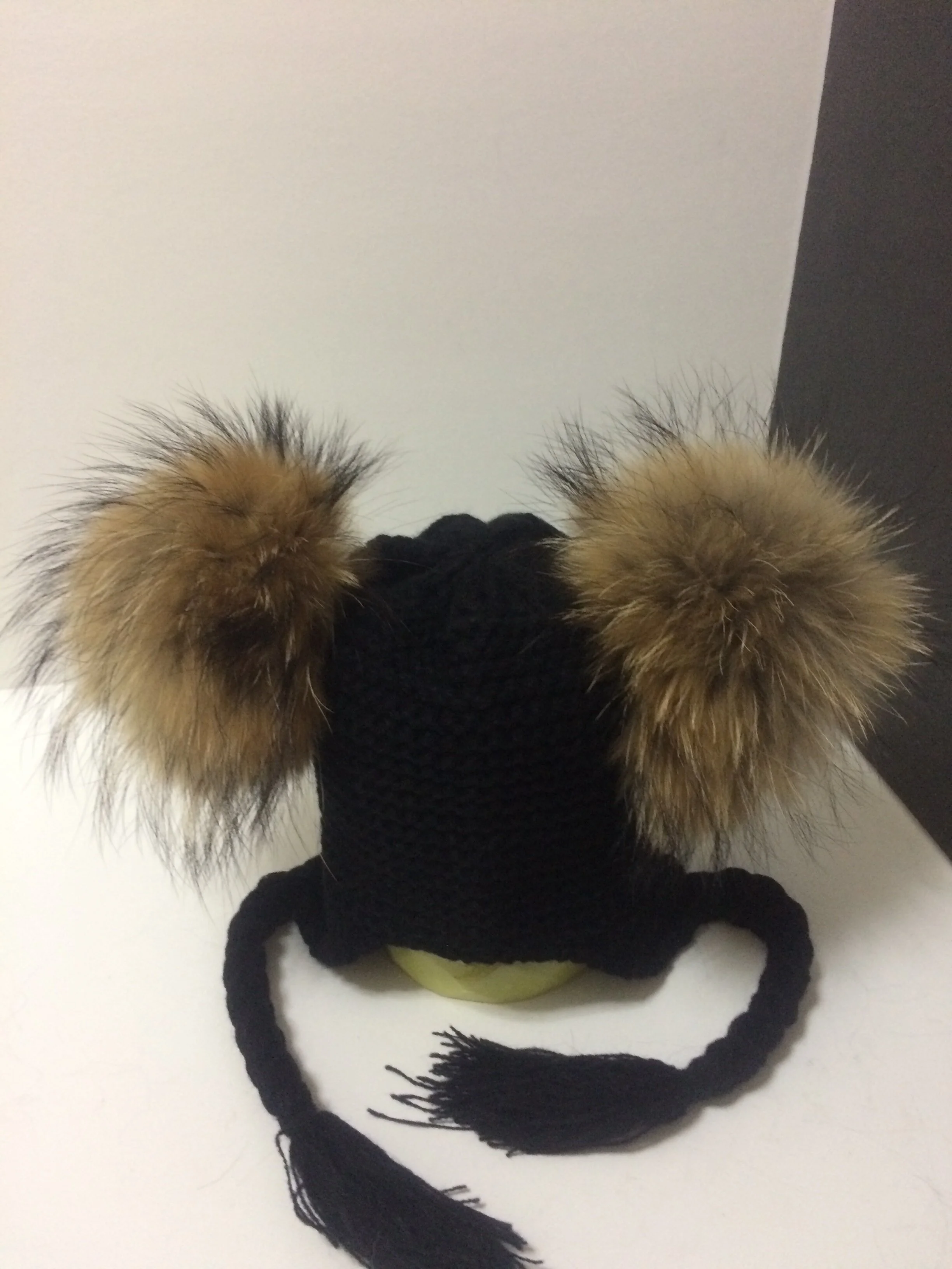 Two Poms Baby  Hat, Removable Real Natural Color Raccoon Fur Pompoms