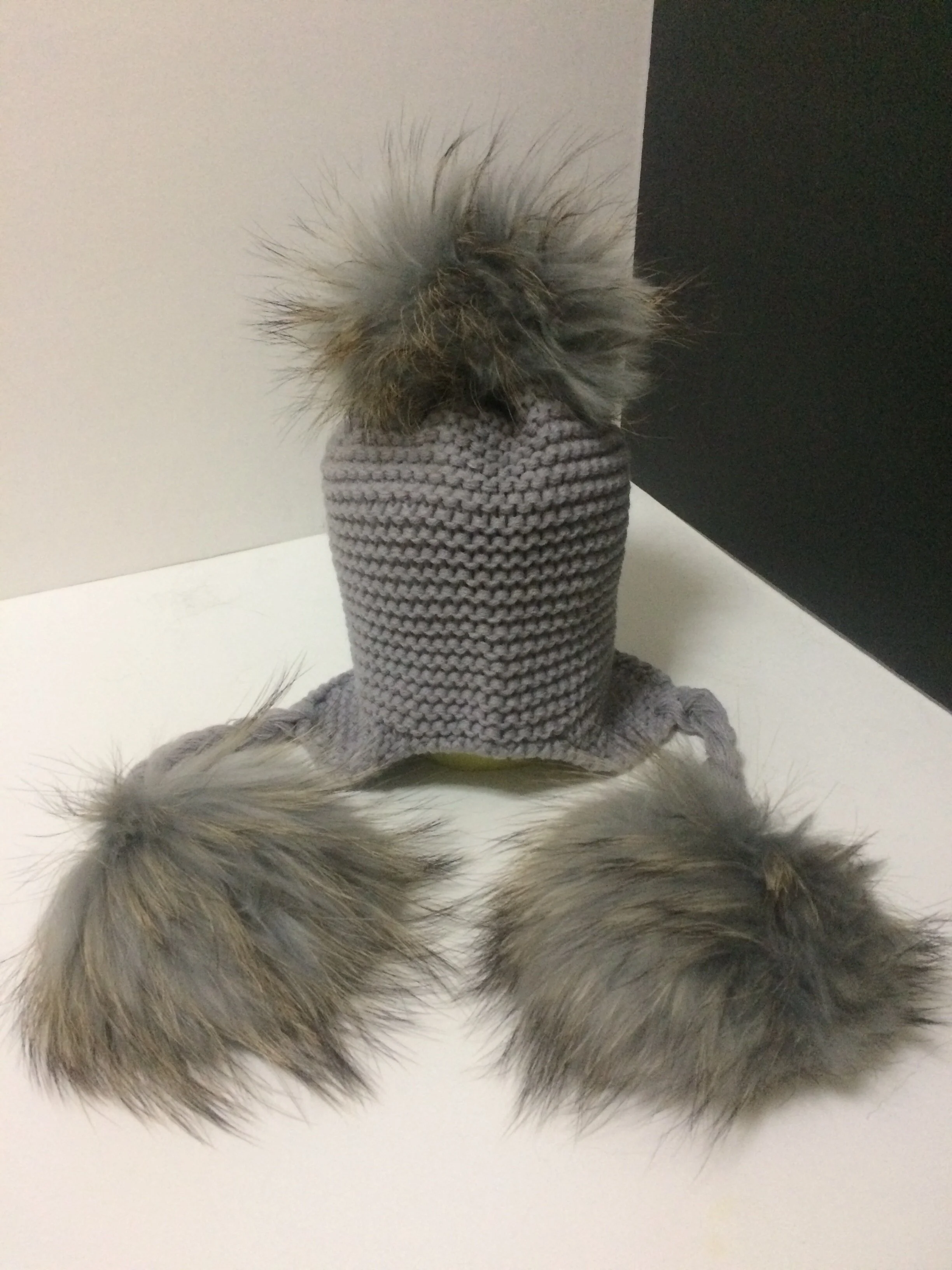 Three Poms Baby  Hat, Removable Real Raccoon Fur Pompoms