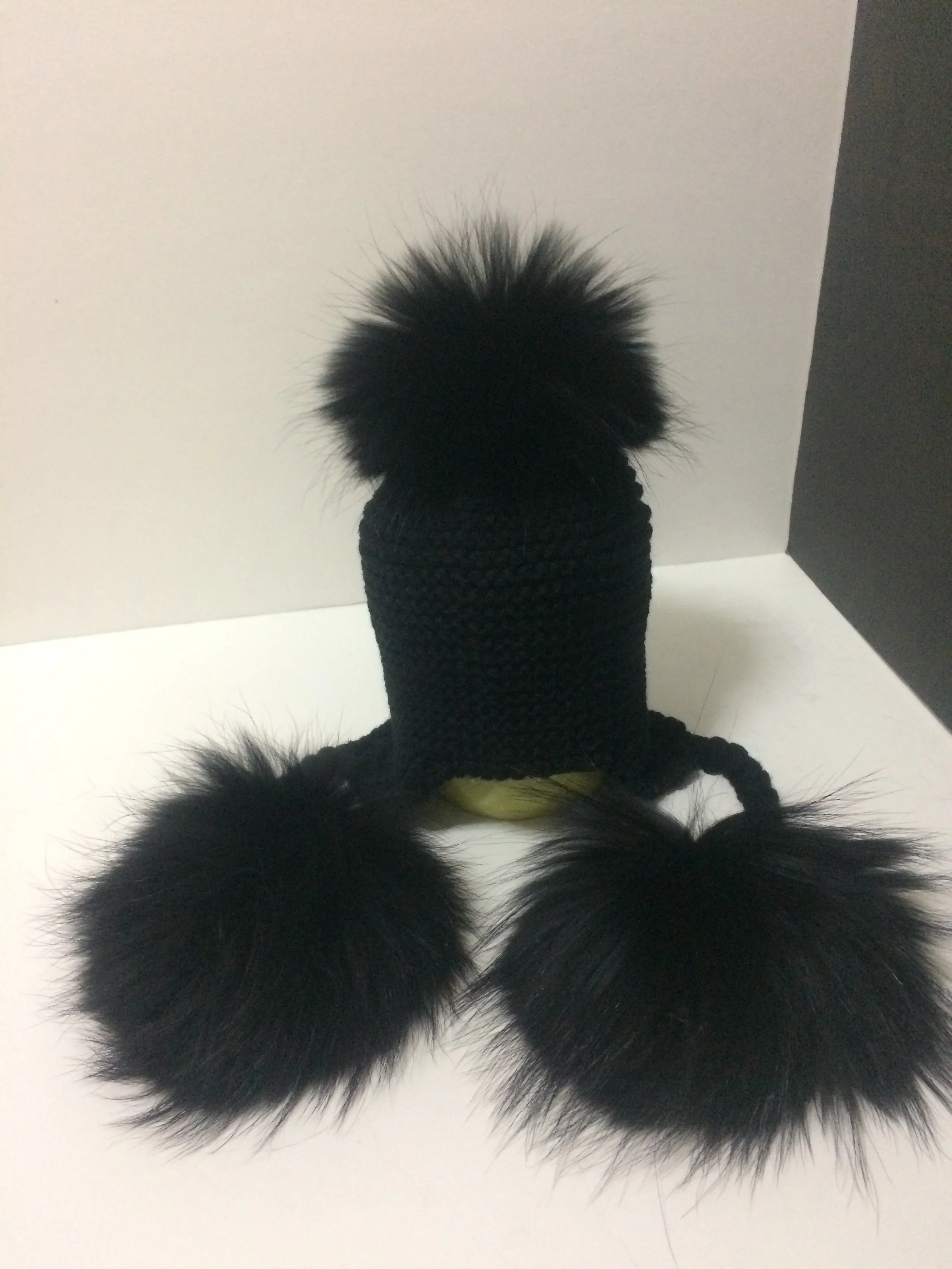 Three Poms Baby  Hat, Removable Real Raccoon Fur Pompoms