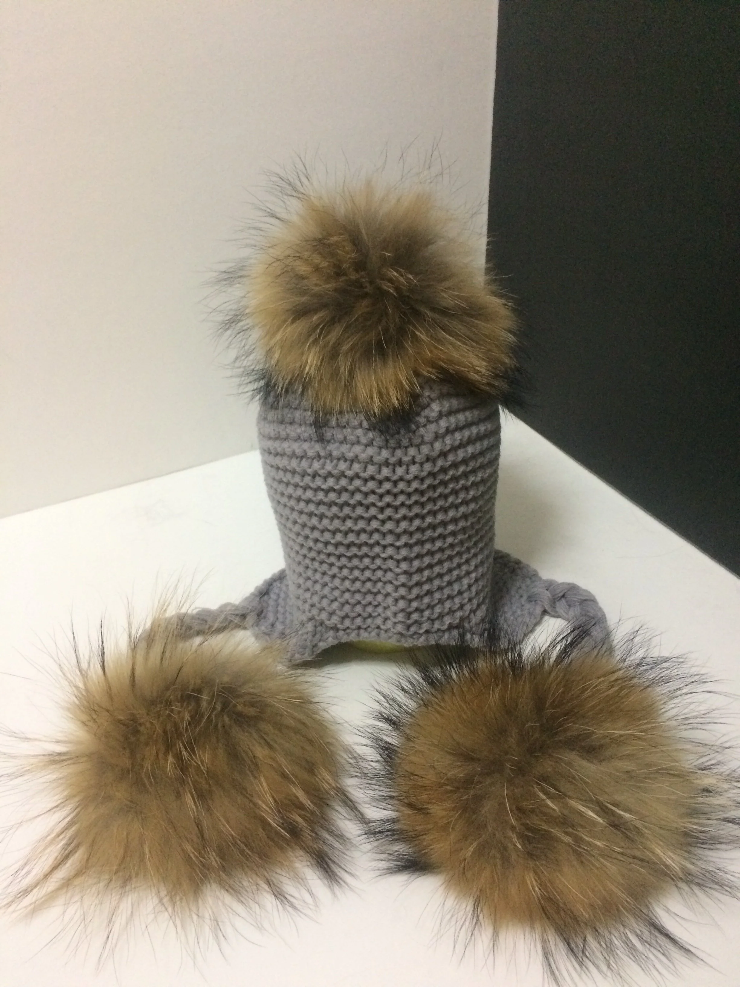 Three Poms Baby  Hat, Removable Real Natural Color Raccoon Fur Pompoms